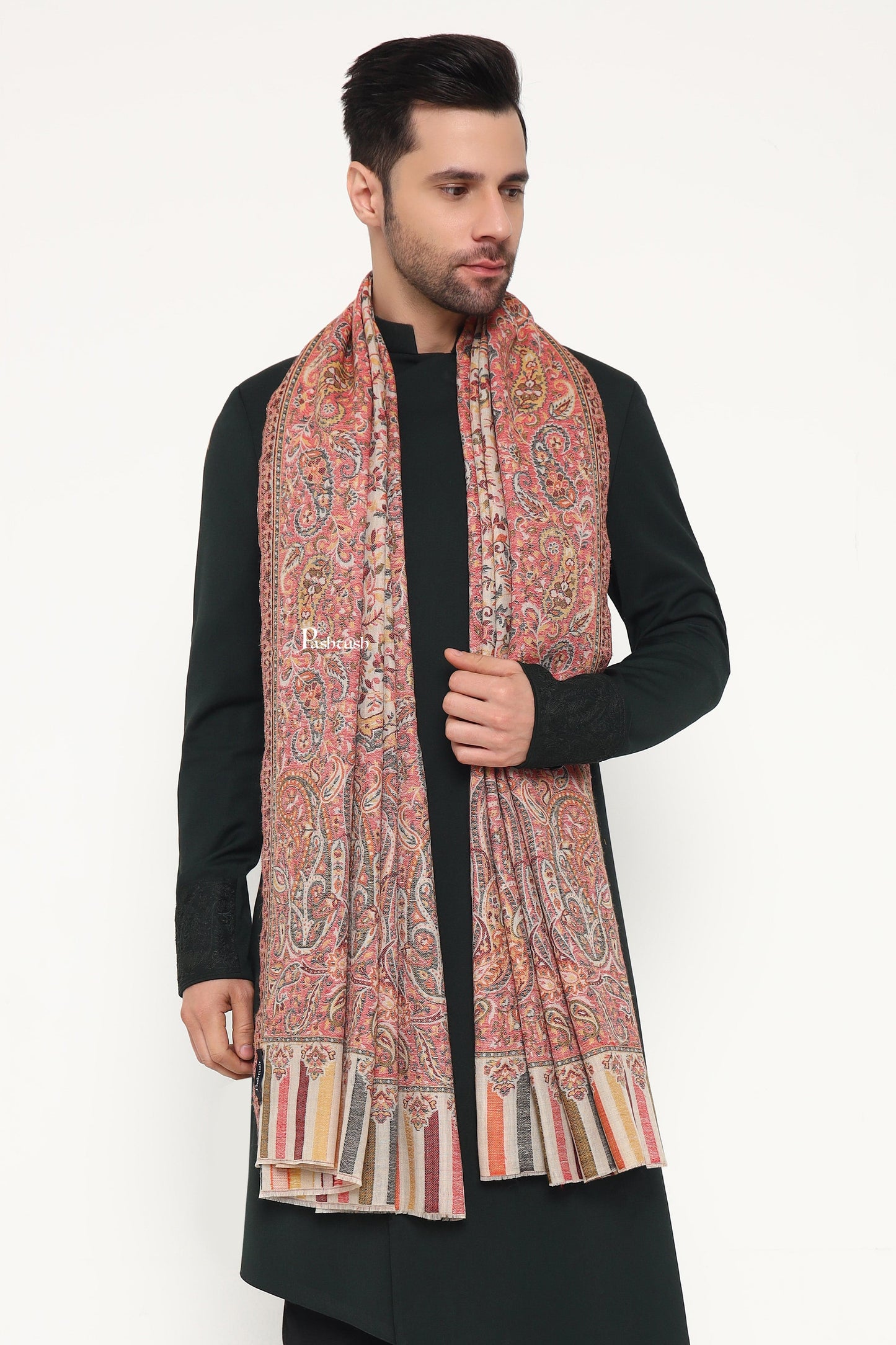 Pashtush India Mens Scarves Stoles and Mufflers Pashtush Mens Extra Fine Wool Stole, Paisley Weave Design, Beige