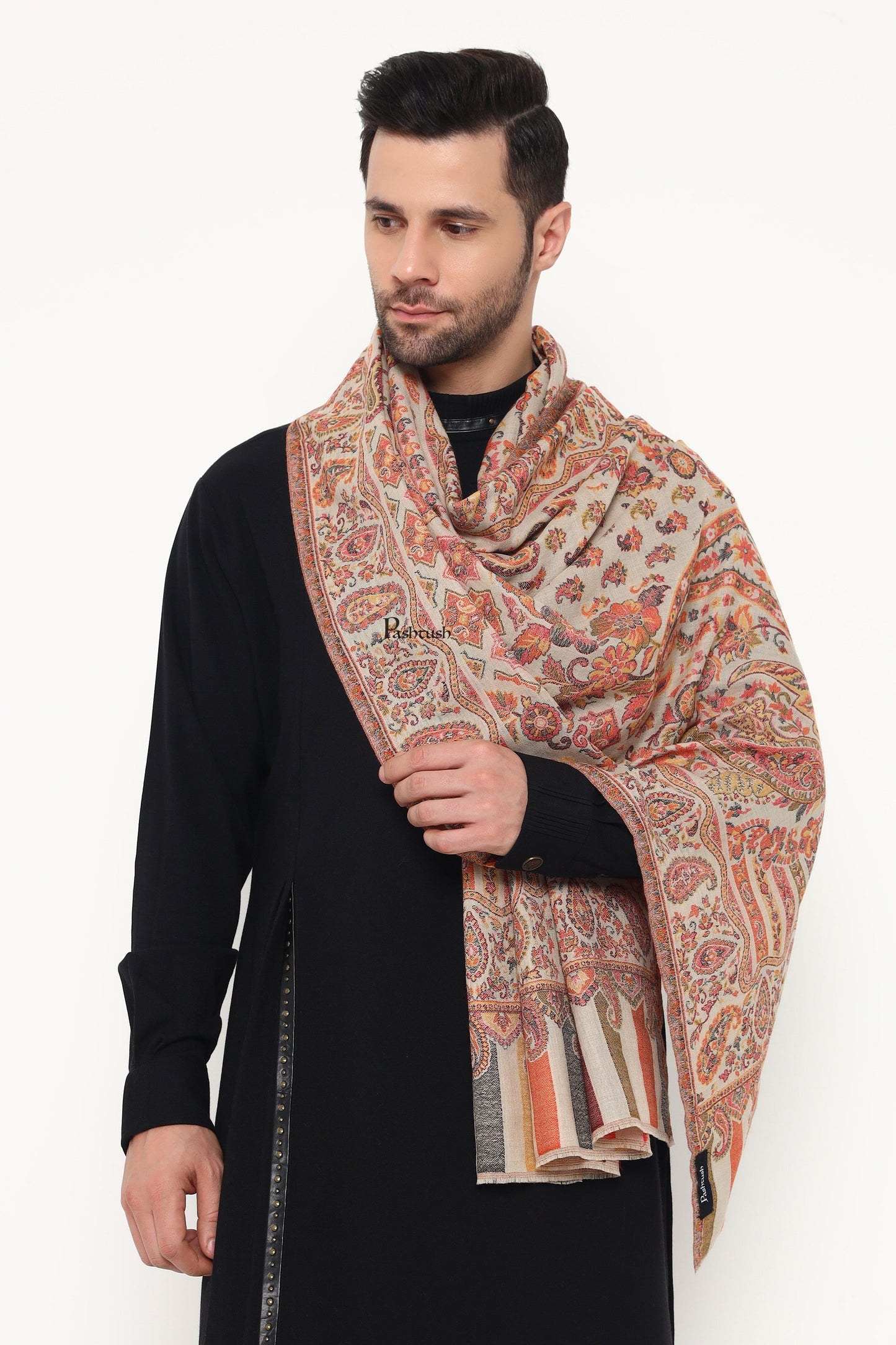 Pashtush India Mens Scarves Stoles and Mufflers Pashtush Mens Extra Fine Wool Stole, Paisley Weave Design, Beige