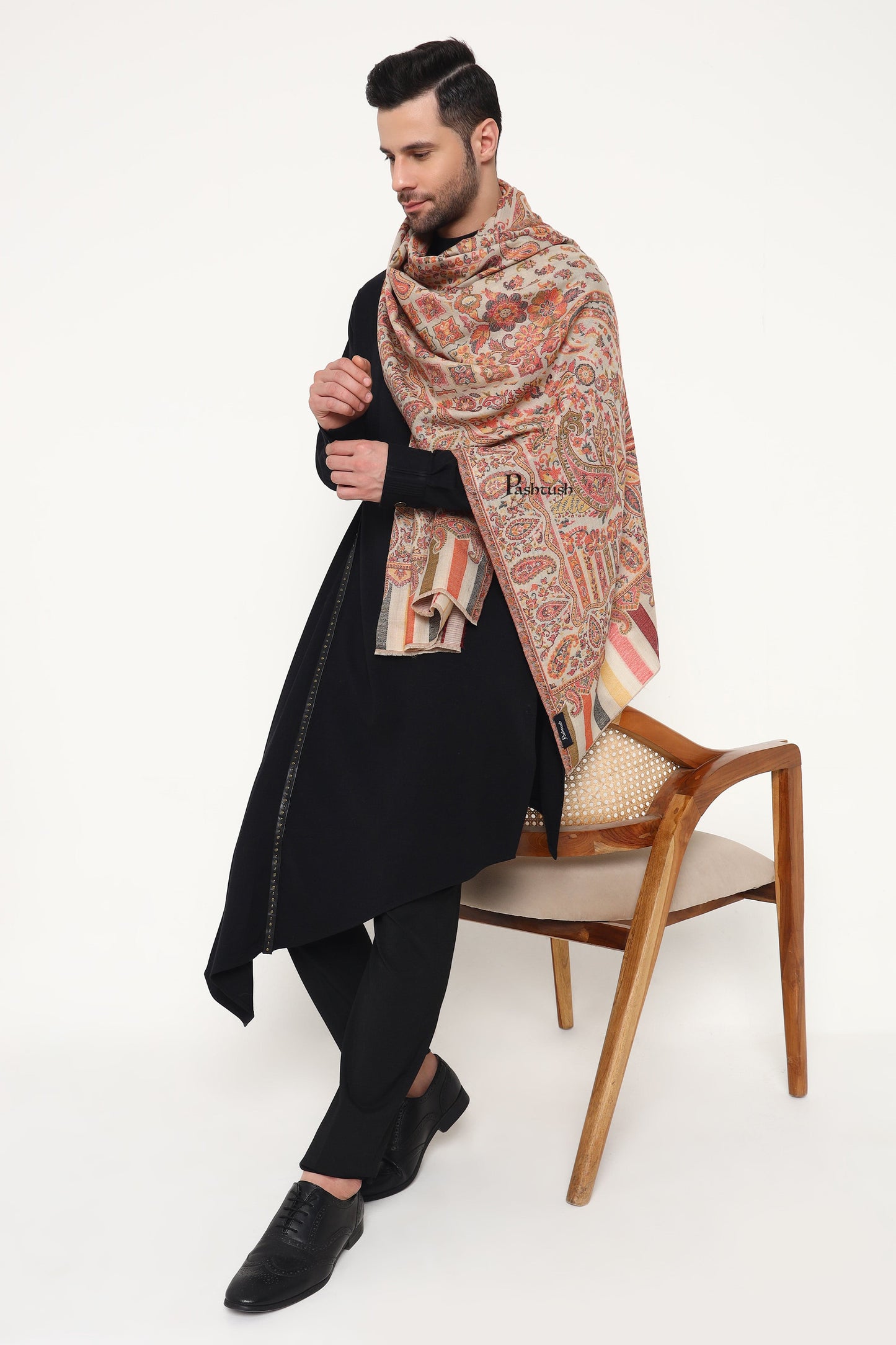 Pashtush India Mens Scarves Stoles and Mufflers Pashtush Mens Extra Fine Wool Stole, Paisley Weave Design, Beige