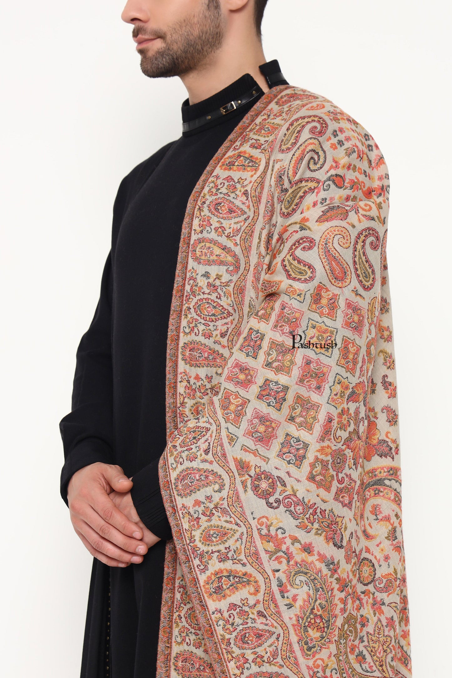 Pashtush India Mens Scarves Stoles and Mufflers Pashtush Mens Extra Fine Wool Stole, Paisley Weave Design, Beige