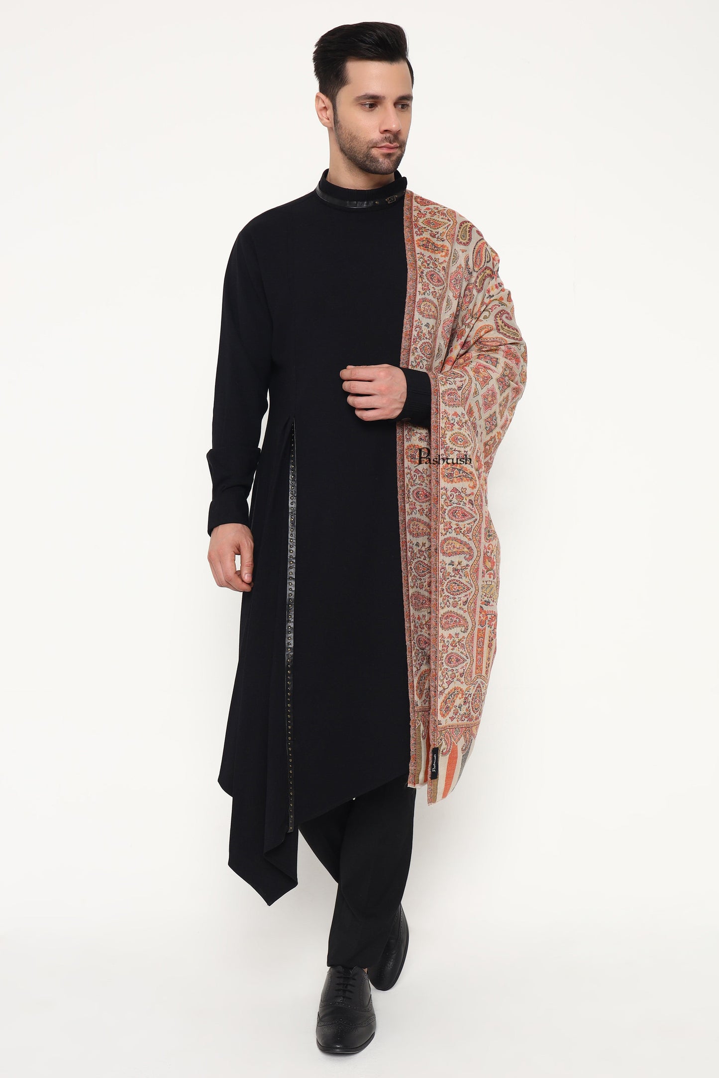 Pashtush India Mens Scarves Stoles and Mufflers Pashtush Mens Extra Fine Wool Stole, Paisley Weave Design, Beige