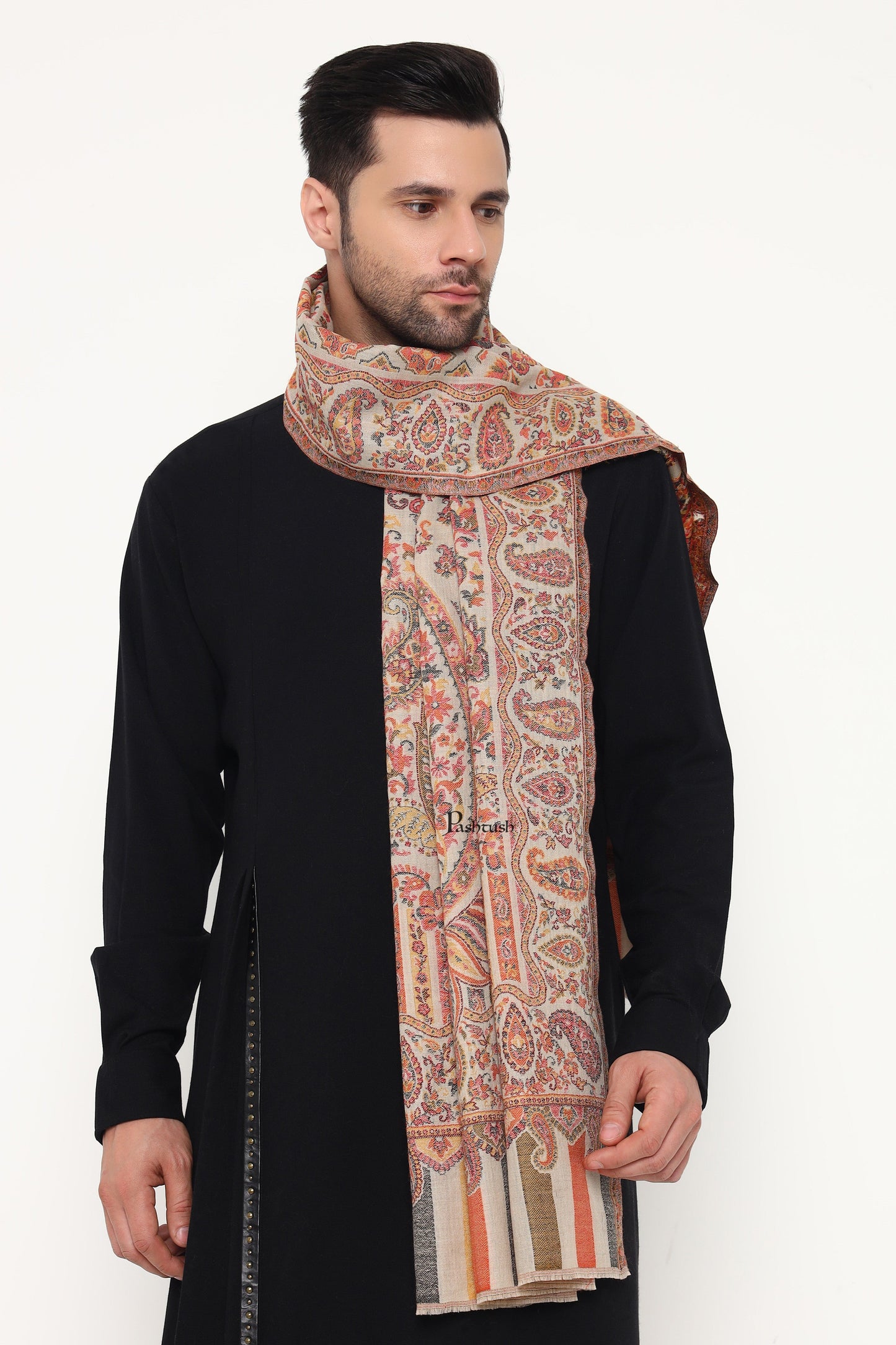 Pashtush India Mens Scarves Stoles and Mufflers Pashtush Mens Extra Fine Wool Stole, Paisley Weave Design, Beige