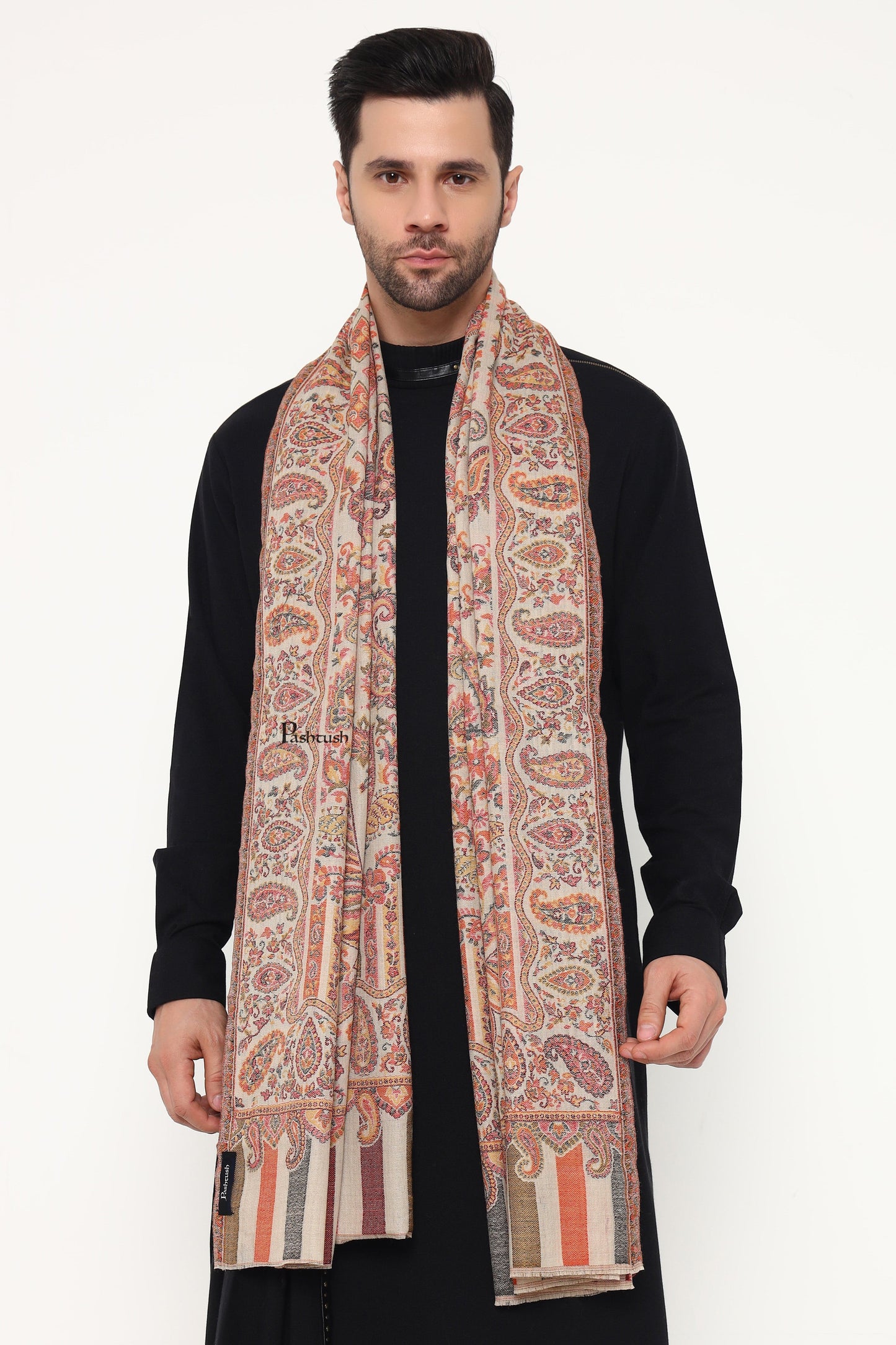 Pashtush India Mens Scarves Stoles and Mufflers Pashtush Mens Extra Fine Wool Stole, Paisley Weave Design, Beige