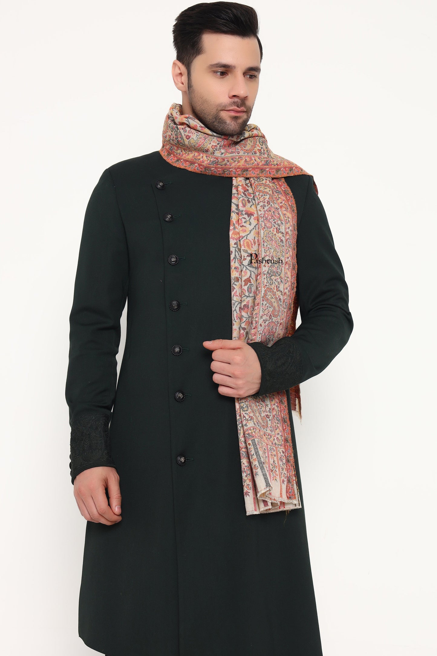 Pashtush India Mens Scarves Stoles and Mufflers Pashtush Mens Extra Fine Wool Stole, Paisley Weave Design, Beige