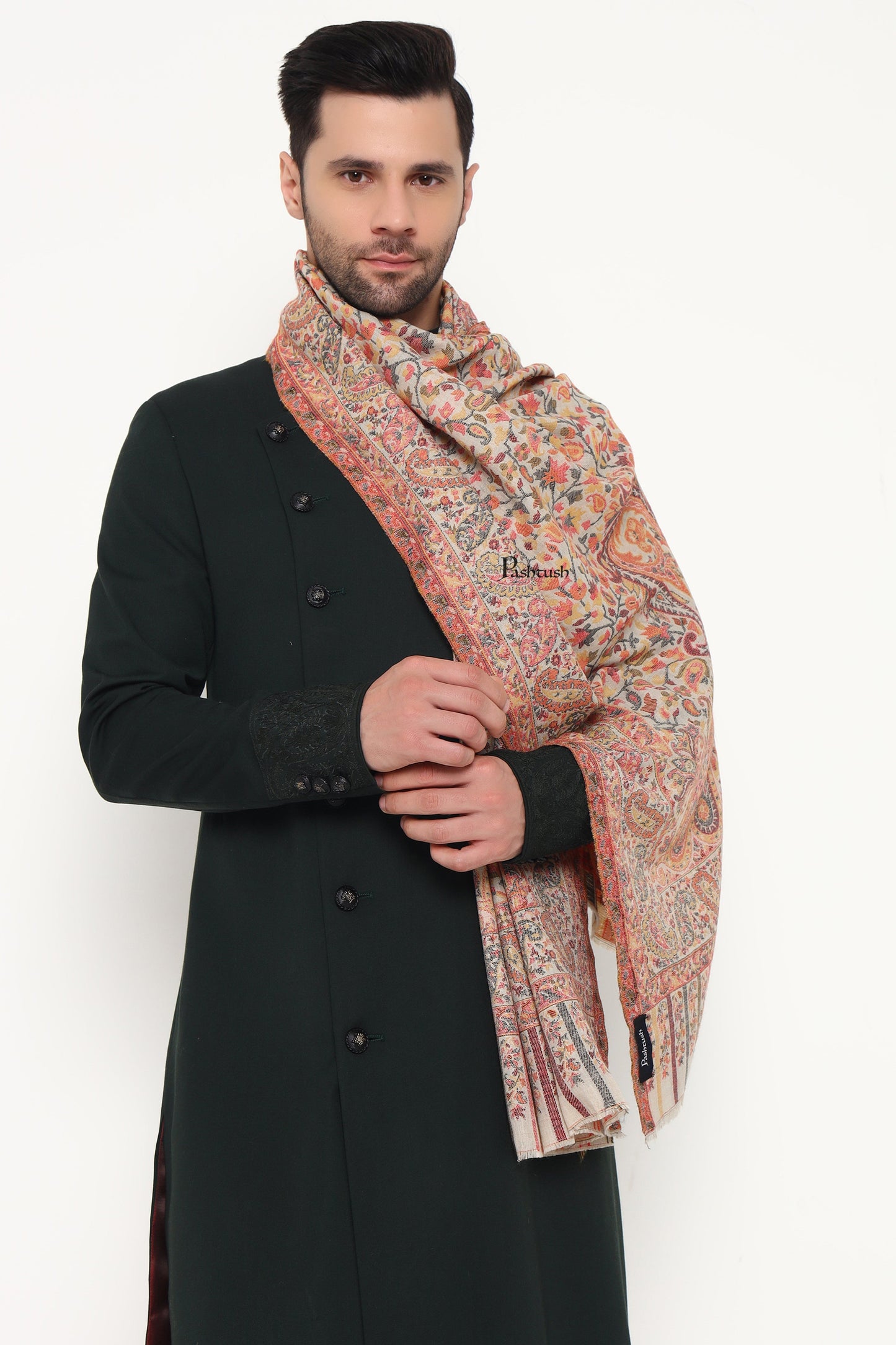 Pashtush India Mens Scarves Stoles and Mufflers Pashtush Mens Extra Fine Wool Stole, Paisley Weave Design, Beige