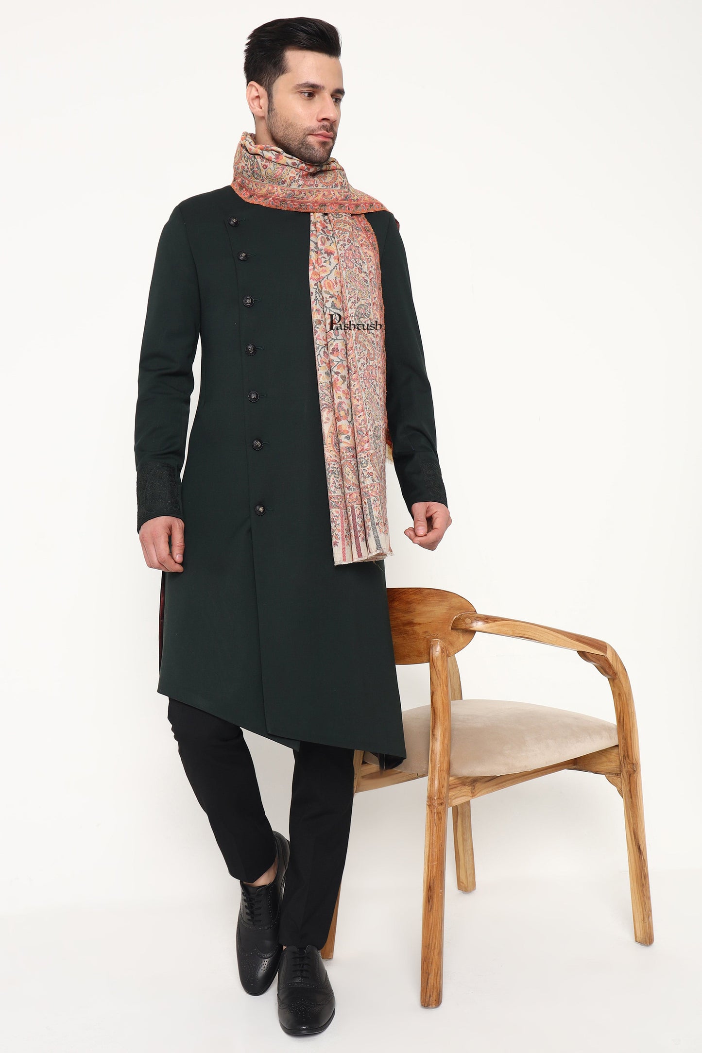Pashtush India Mens Scarves Stoles and Mufflers Pashtush Mens Extra Fine Wool Stole, Paisley Weave Design, Beige