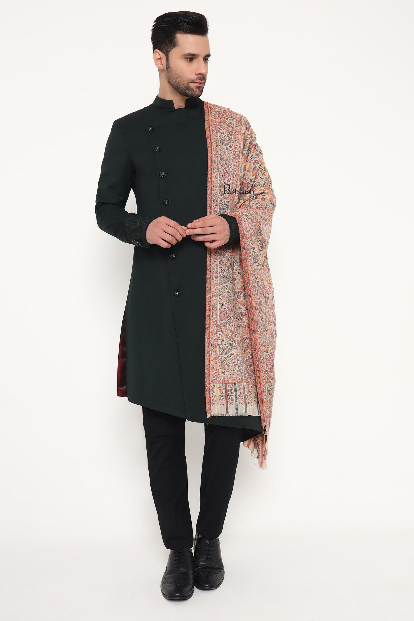 Pashtush India Mens Scarves Stoles and Mufflers Pashtush Mens Extra Fine Wool Stole, Paisley Weave Design, Beige