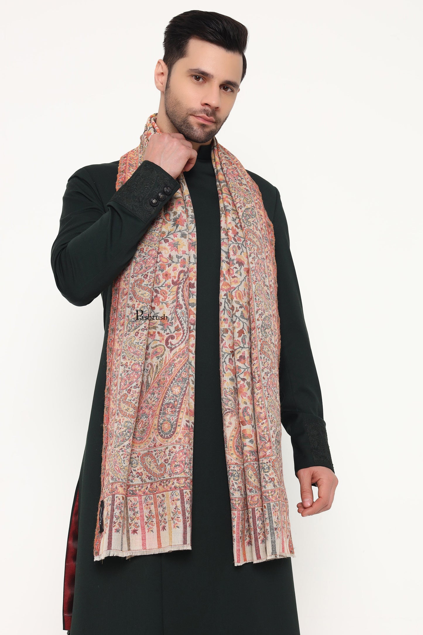 Pashtush India Mens Scarves Stoles and Mufflers Pashtush Mens Extra Fine Wool Stole, Paisley Weave Design, Beige