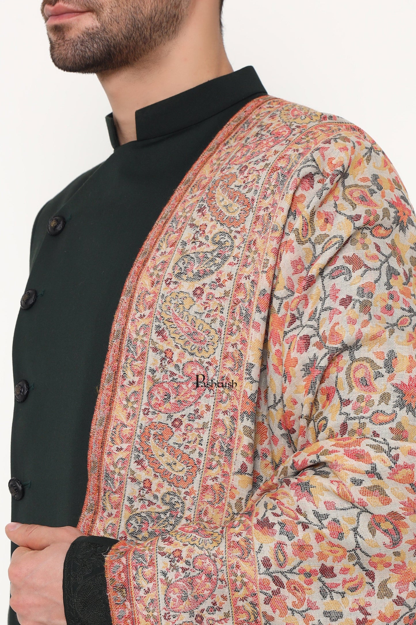 Pashtush India Mens Scarves Stoles and Mufflers Pashtush Mens Extra Fine Wool Stole, Paisley Weave Design, Beige