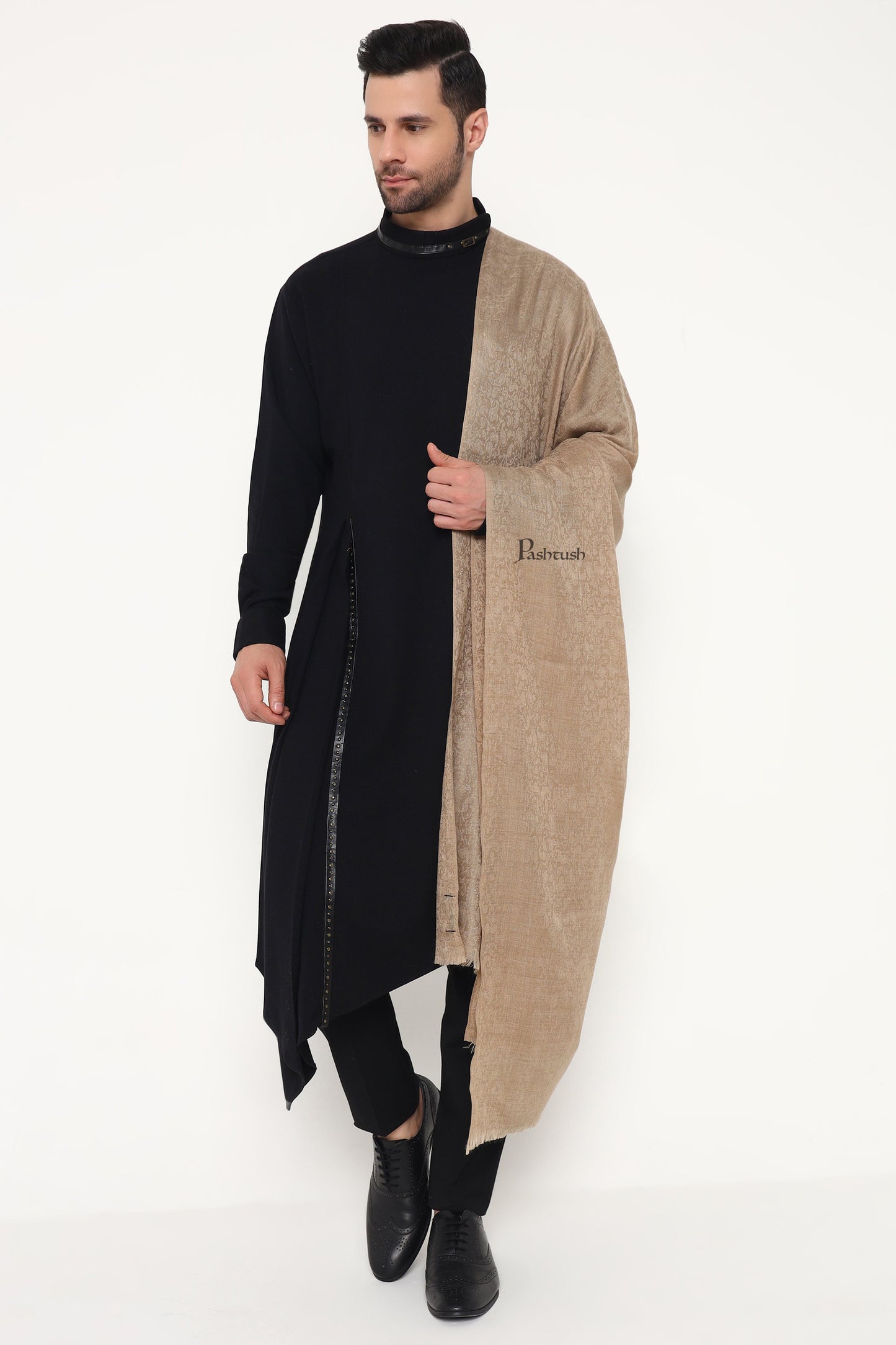 Pashtush India Mens Scarves Stoles and Mufflers Pashtush Mens Extra Fine Wool Stole, Paisley Weave Design, Taupe