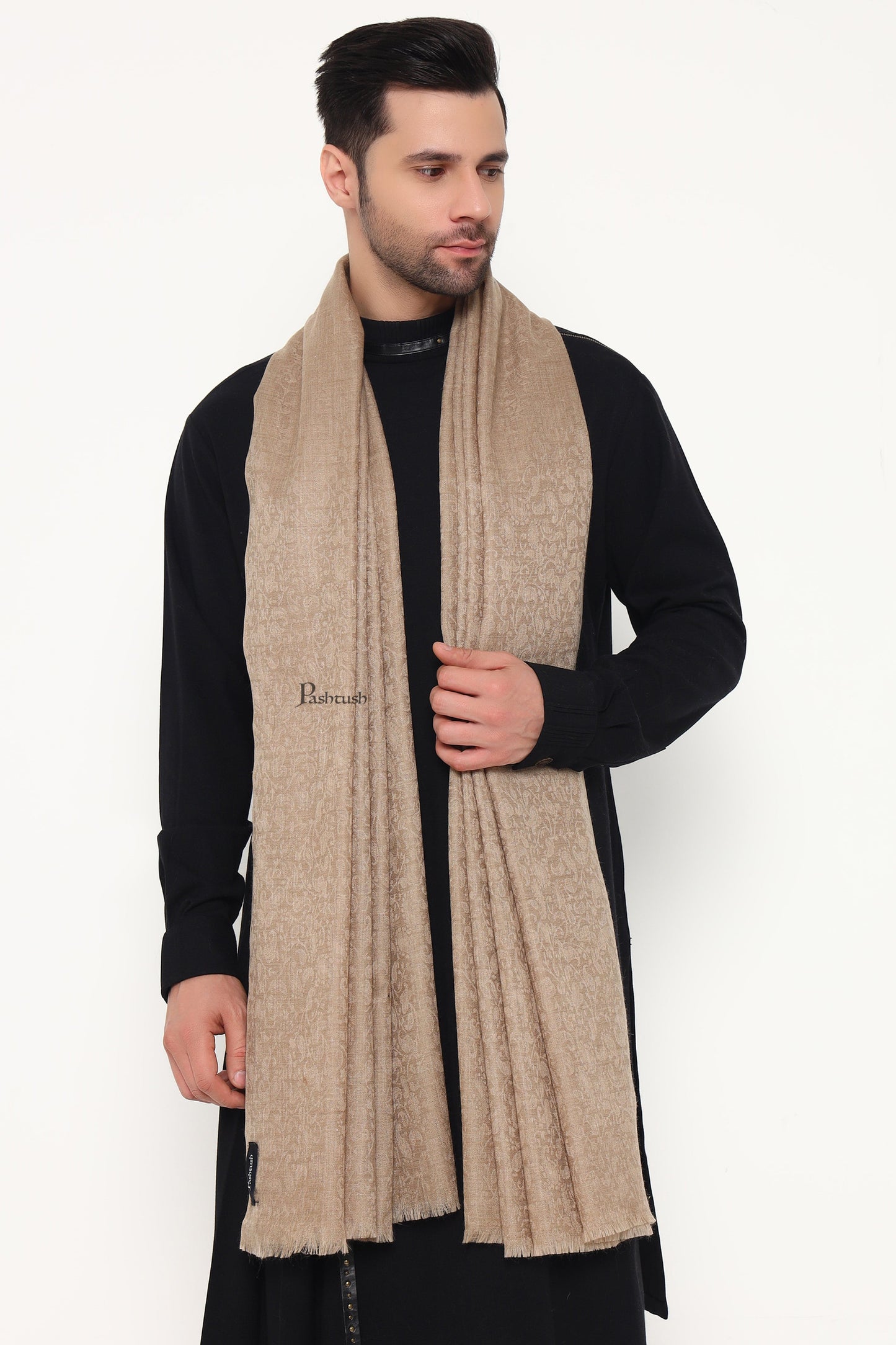 Pashtush India Mens Scarves Stoles and Mufflers Pashtush Mens Extra Fine Wool Stole, Paisley Weave Design, Taupe