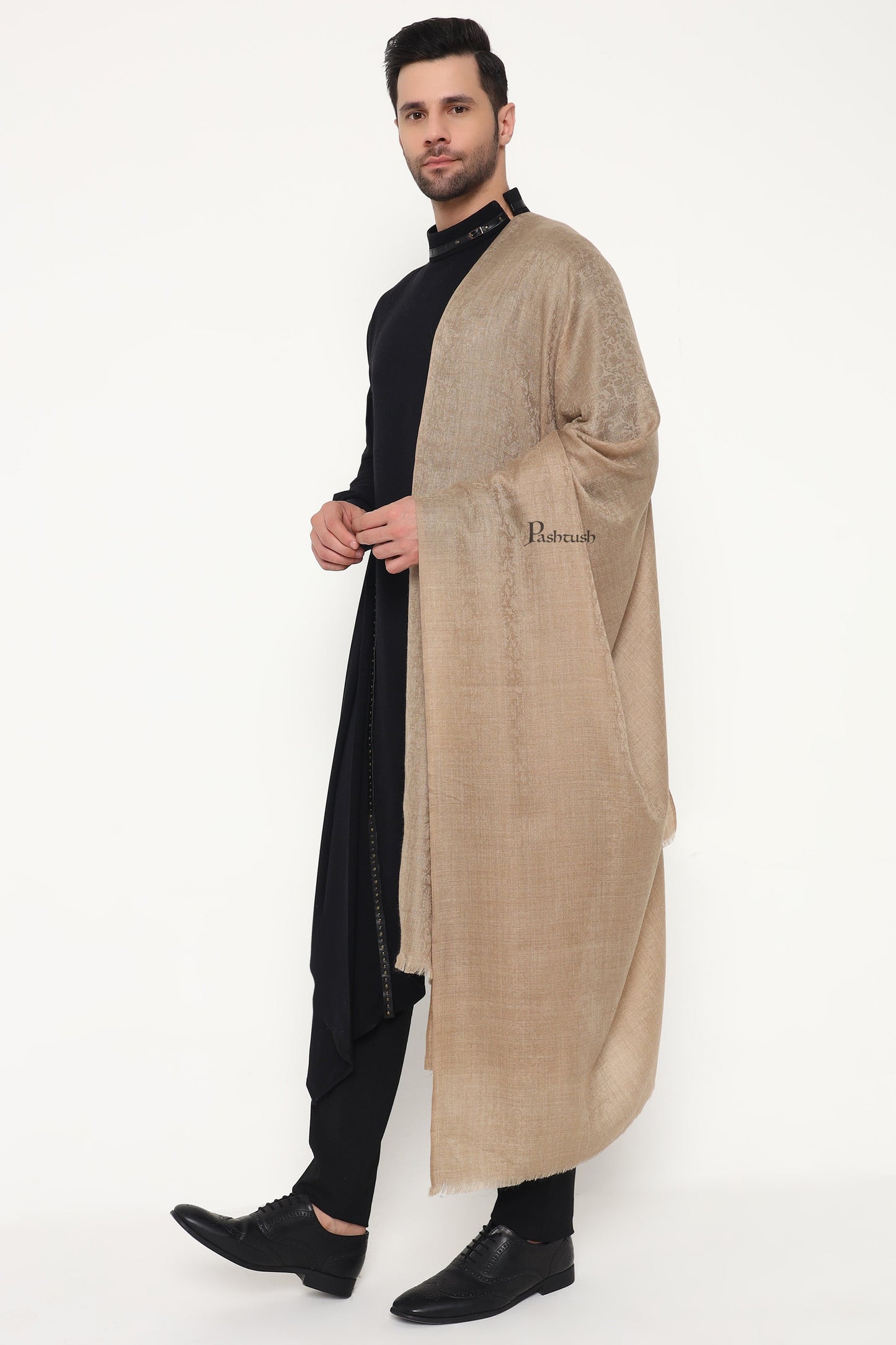 Pashtush India Mens Scarves Stoles and Mufflers Pashtush Mens Extra Fine Wool Stole, Paisley Weave Design, Taupe