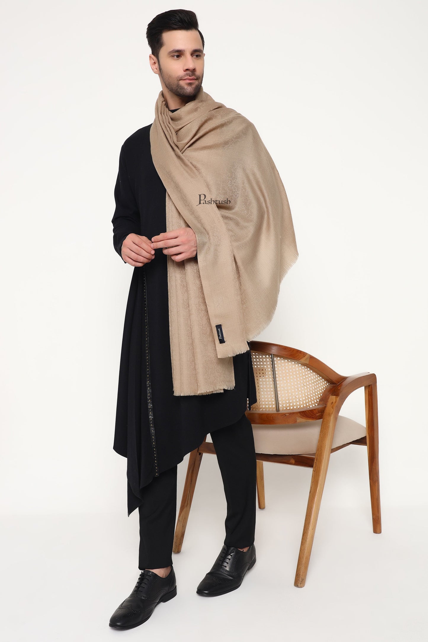 Pashtush India Mens Scarves Stoles and Mufflers Pashtush Mens Extra Fine Wool Stole, Paisley Weave Design, Taupe