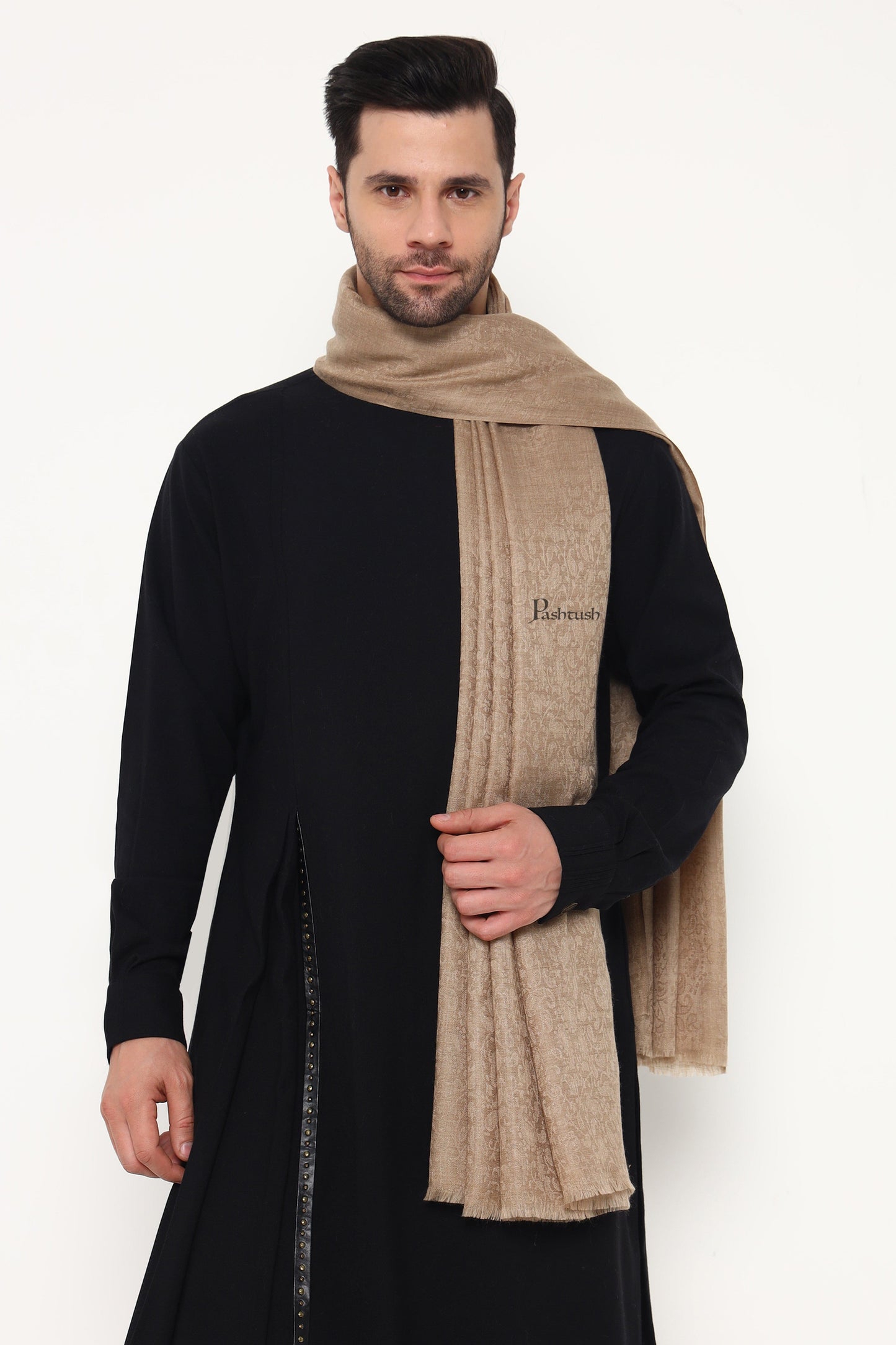 Pashtush India Mens Scarves Stoles and Mufflers Pashtush Mens Extra Fine Wool Stole, Paisley Weave Design, Taupe