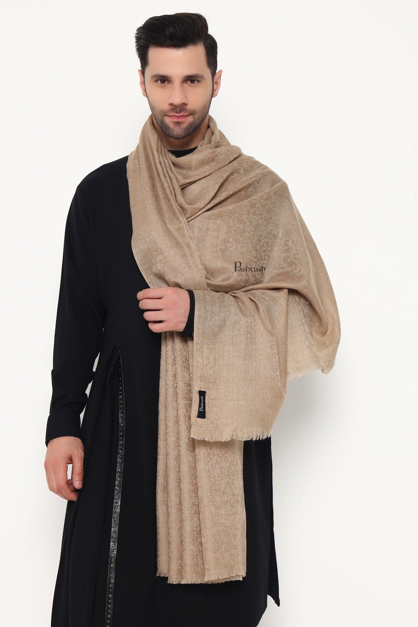 Pashtush India Mens Scarves Stoles and Mufflers Pashtush Mens Extra Fine Wool Stole, Paisley Weave Design, Taupe