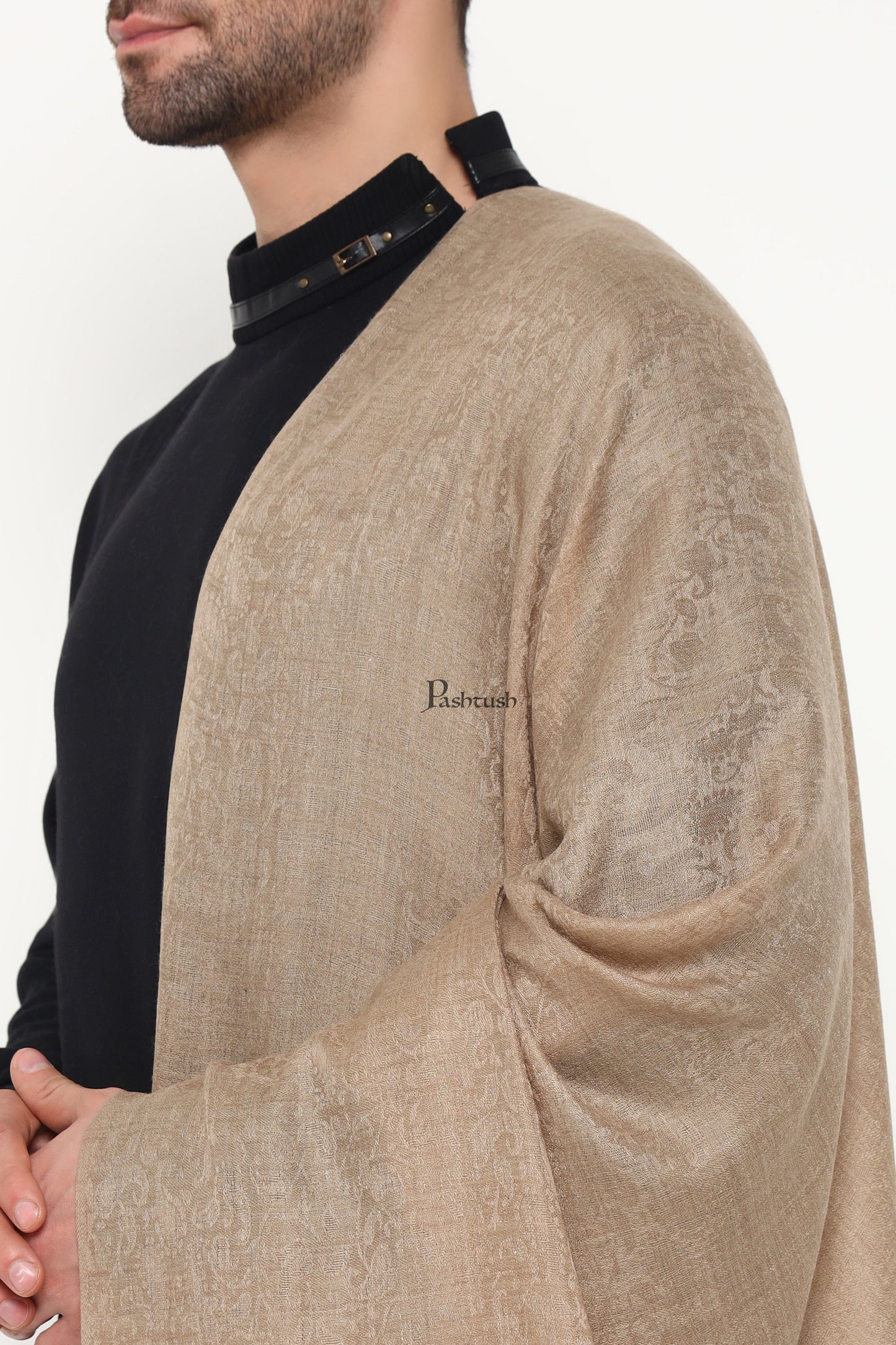 Pashtush India Mens Scarves Stoles and Mufflers Pashtush Mens Extra Fine Wool Stole, Paisley Weave Design, Taupe