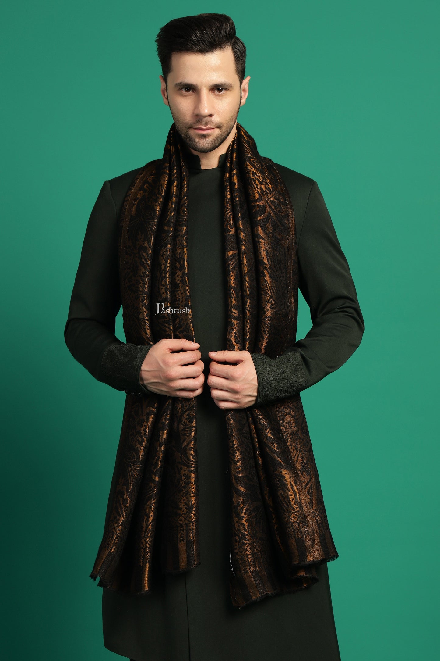 Pashtush India Mens Scarves Stoles and Mufflers Pashtush Mens Extra Fine Wool Stole, Paisley With Zari Design, Black