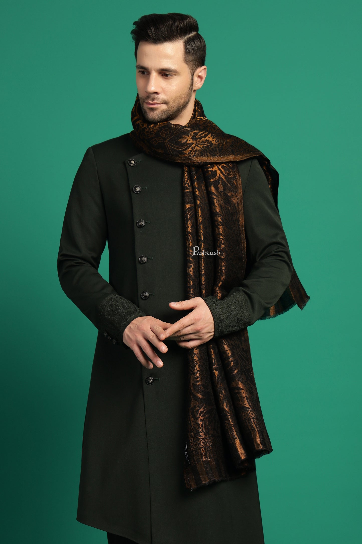 Pashtush India Mens Scarves Stoles and Mufflers Pashtush Mens Extra Fine Wool Stole, Paisley With Zari Design, Black