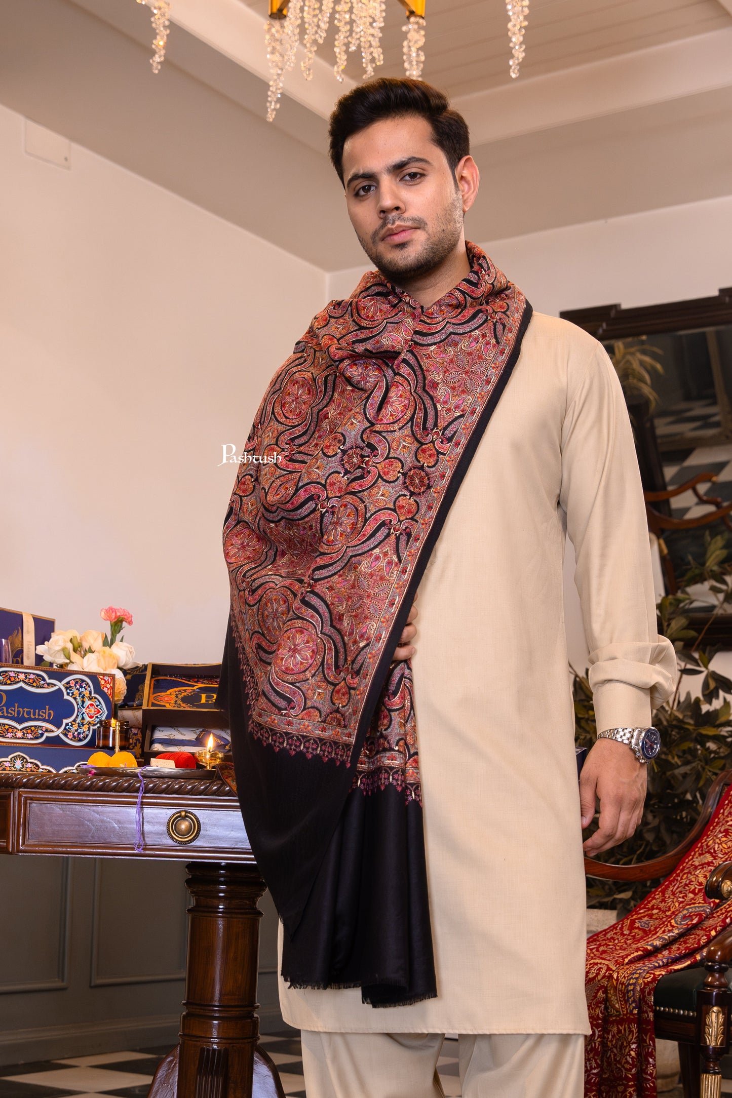 Pashtush India Mens Shawls Gents Shawl Pashtush Mens Extra Fine Wool Stole, Papier Mache Design, Black