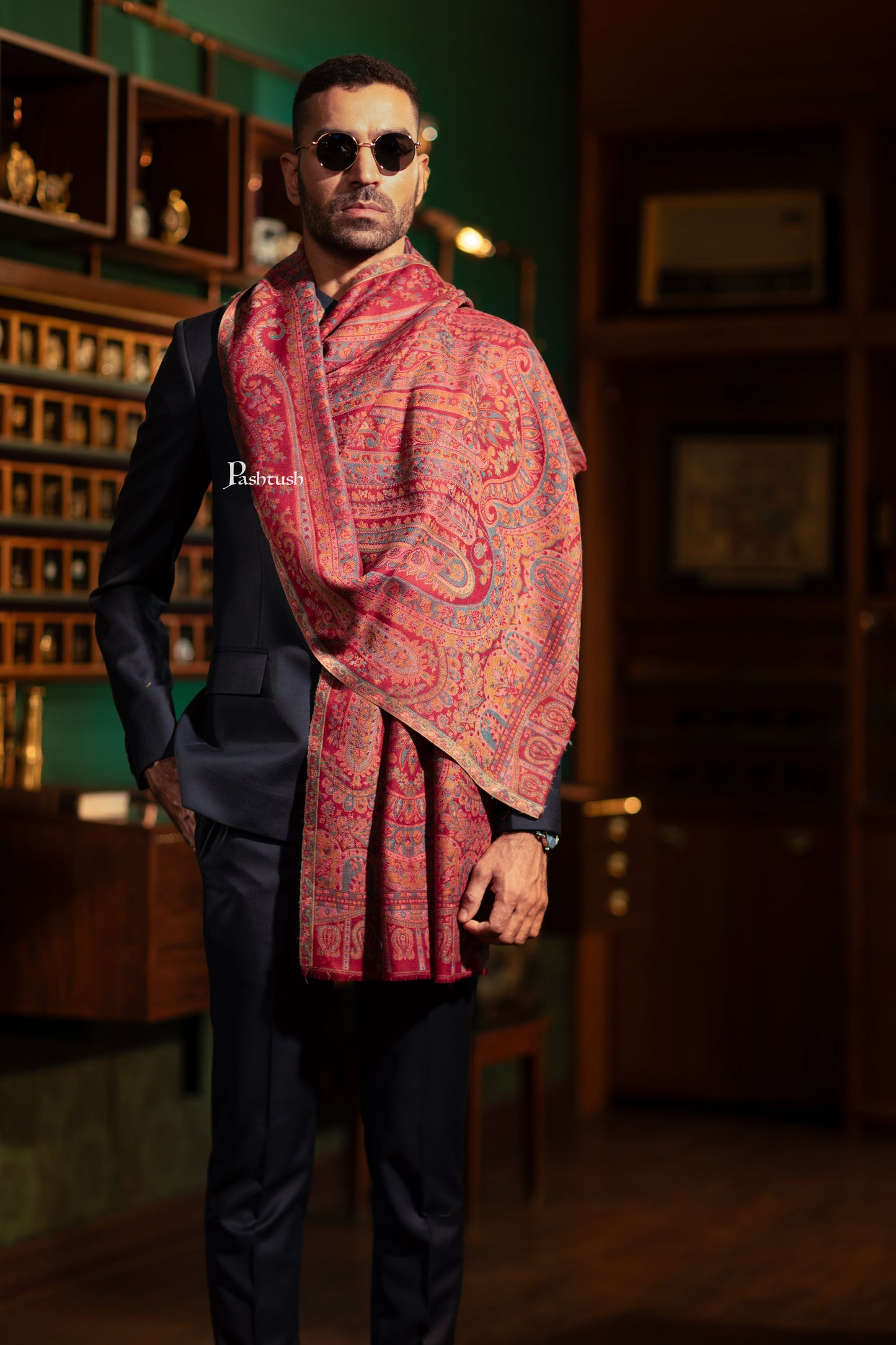 Pashtush India Mens Scarves Stoles and Mufflers Pashtush Mens Extra Fine Wool Stole, Pasiley Design, Maroon