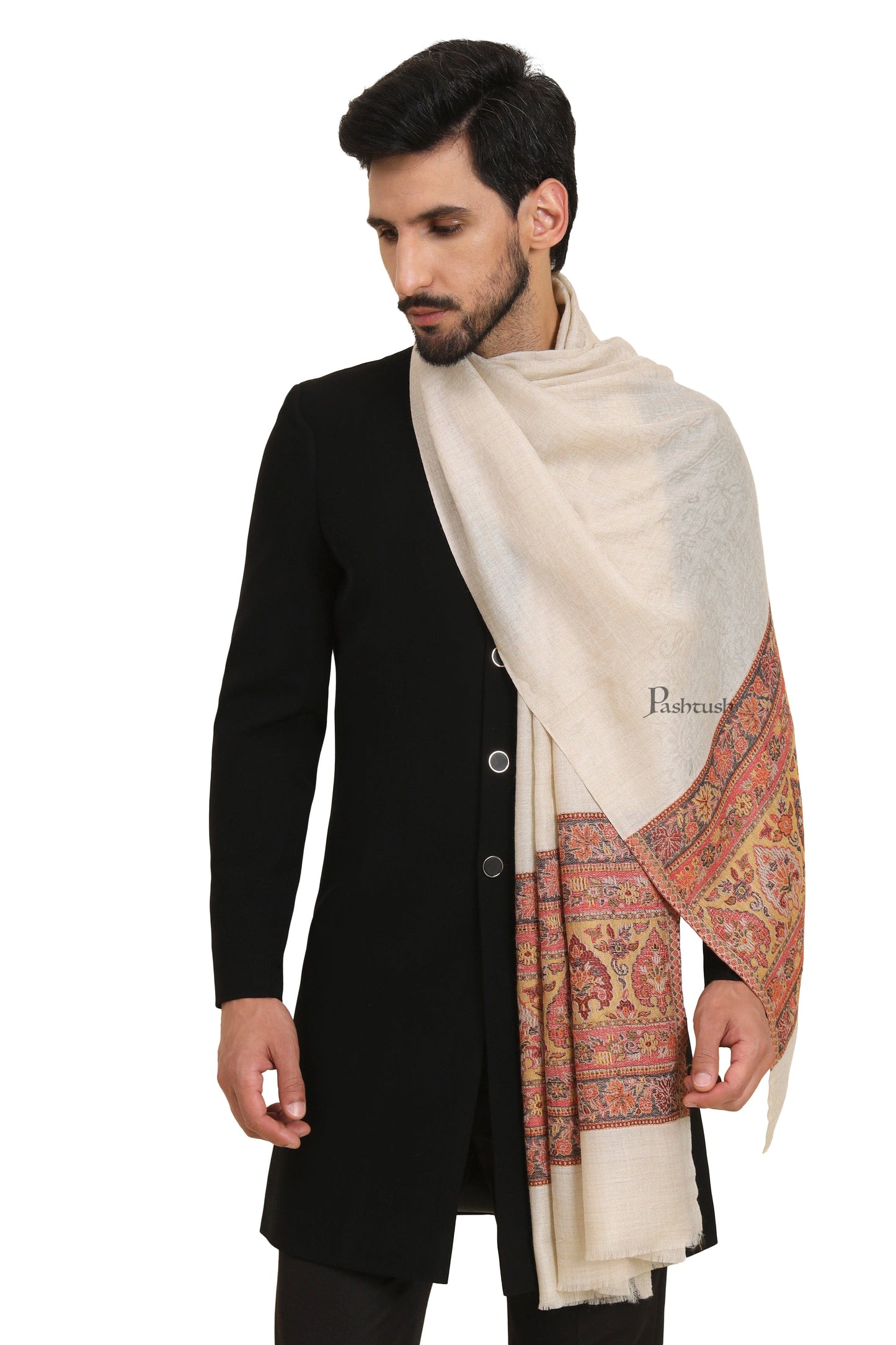 Pashtush India Mens Scarves Stoles and Mufflers Pashtush Mens Extra Fine Wool Stole, Pasiley Palla Design, Beige
