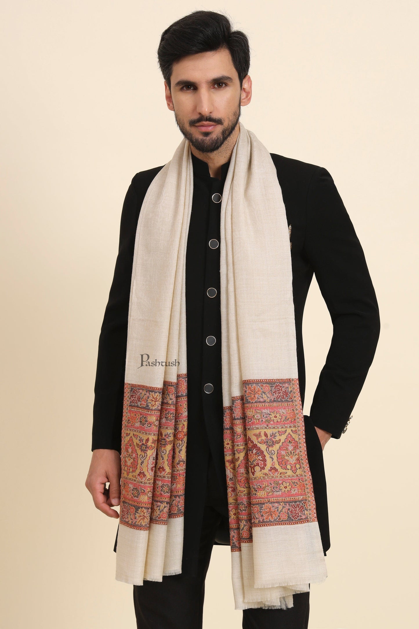 Pashtush India Mens Scarves Stoles and Mufflers Pashtush Mens Extra Fine Wool Stole, Pasiley Palla Design, Beige