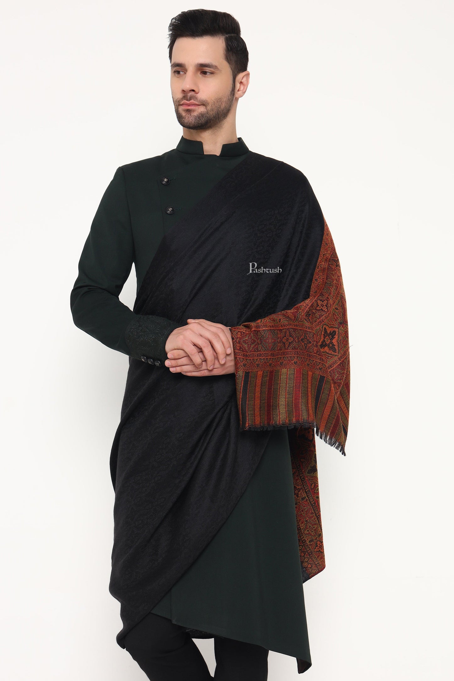 Pashtush India Mens Scarves Stoles and Mufflers Pashtush Mens Extra Fine Wool Stole, Pasiley Palla Design, Black