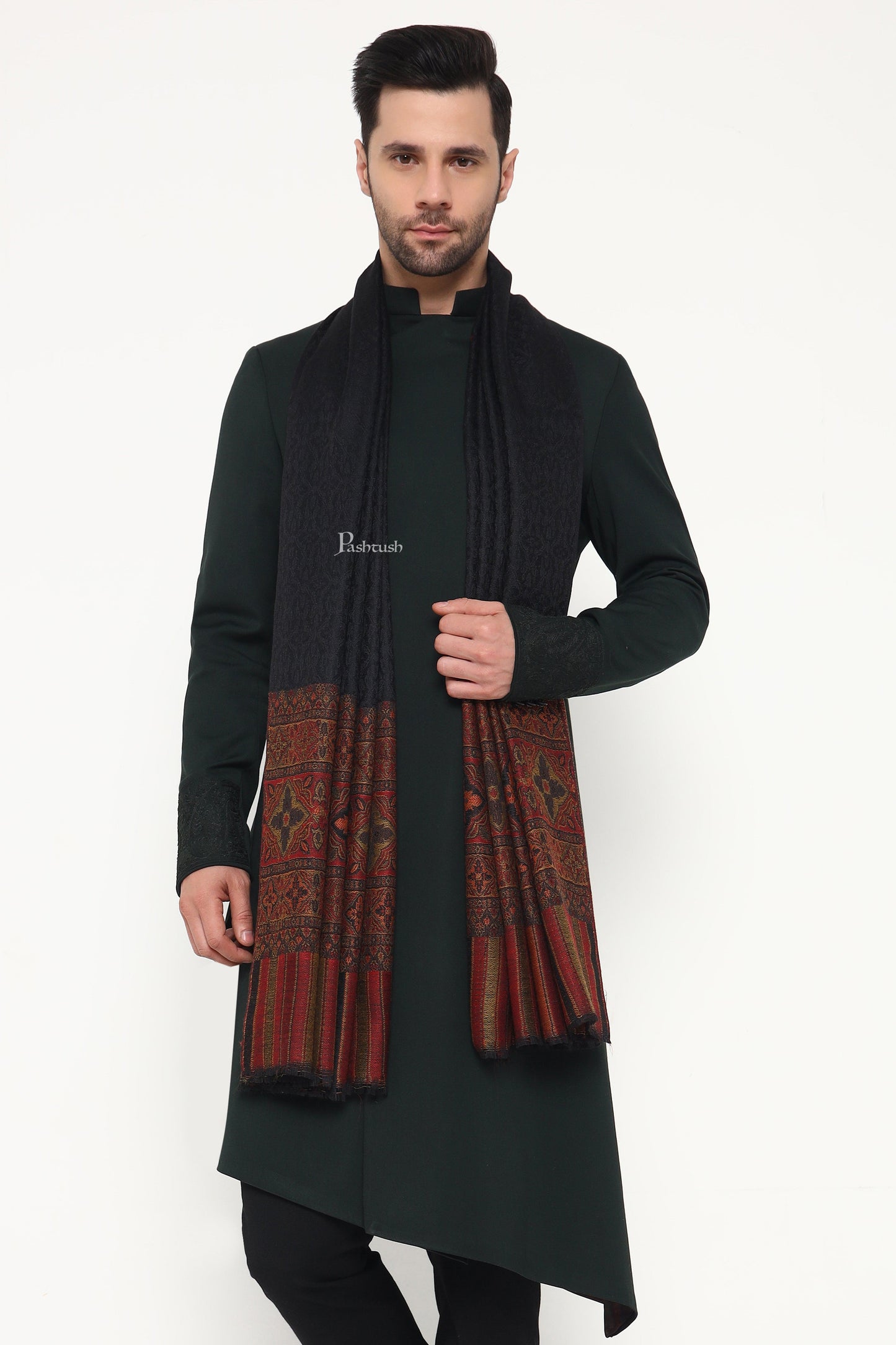 Pashtush India Mens Scarves Stoles and Mufflers Pashtush Mens Extra Fine Wool Stole, Pasiley Palla Design, Black