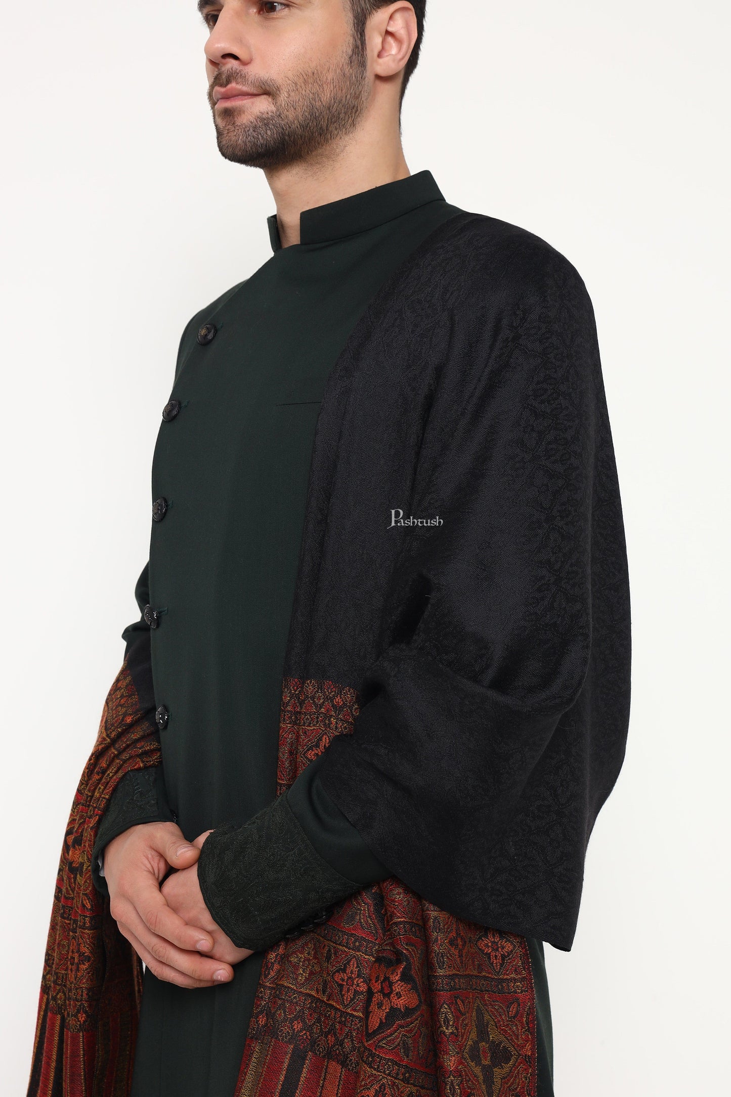 Pashtush India Mens Scarves Stoles and Mufflers Pashtush Mens Extra Fine Wool Stole, Pasiley Palla Design, Black
