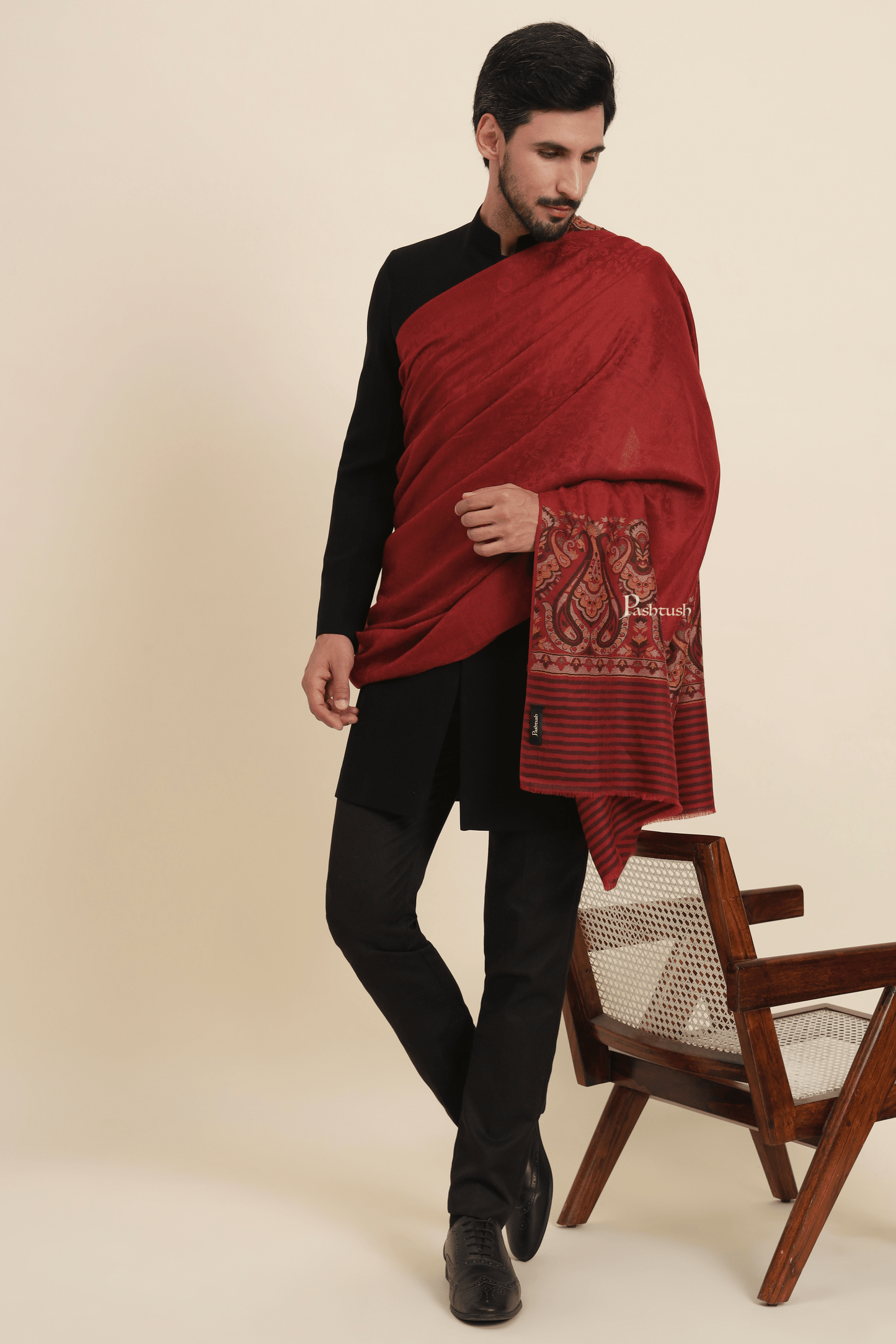 Pashtush India Mens Scarves Stoles and Mufflers Pashtush Mens Extra Fine Wool Stole, Pasiley Weave Design, Maroon