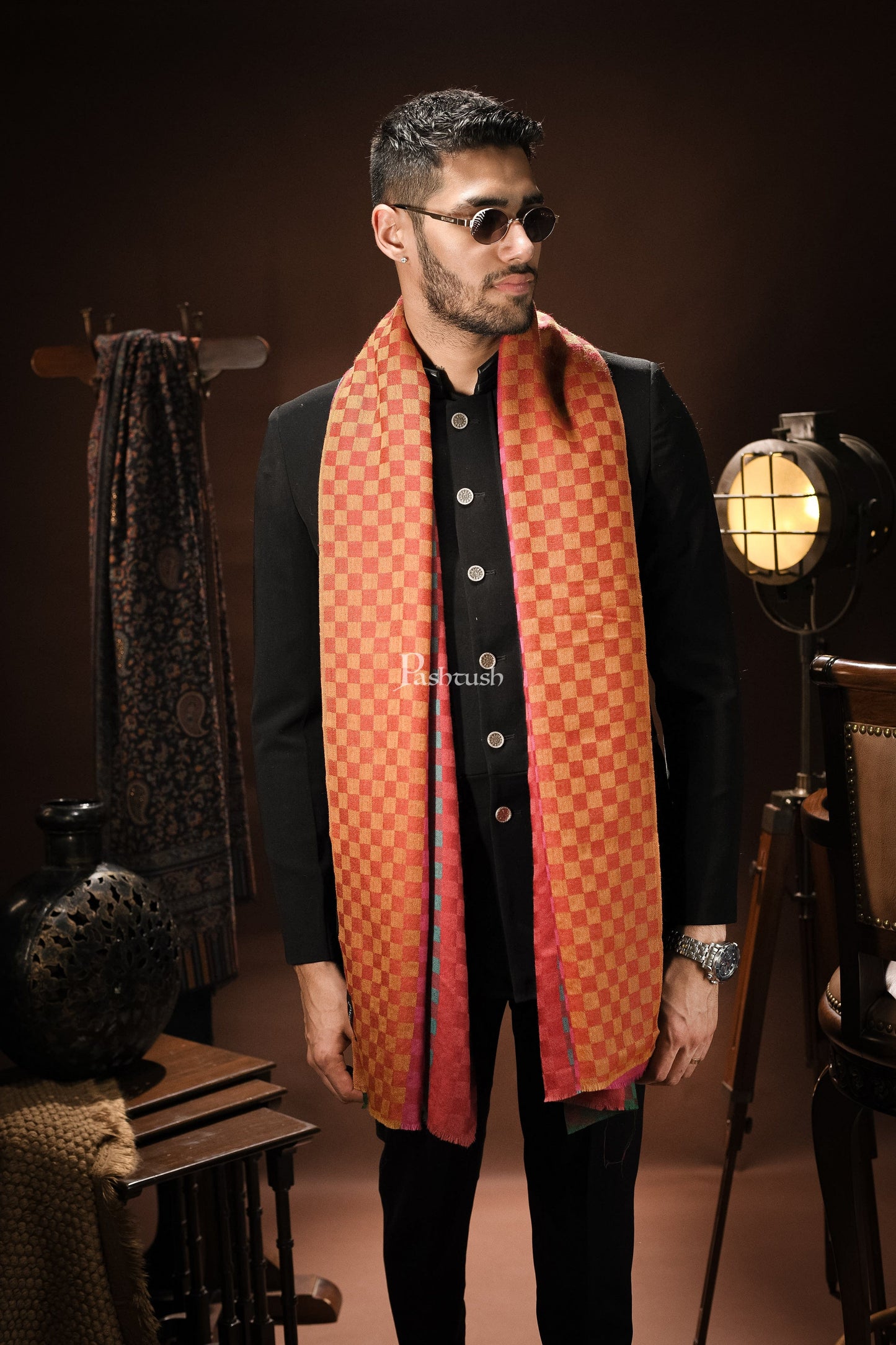 Pashtush India Mens Scarves Stoles and Mufflers Pashtush Mens Extra Fine Wool stole, Reversible checkered design, Multicolour