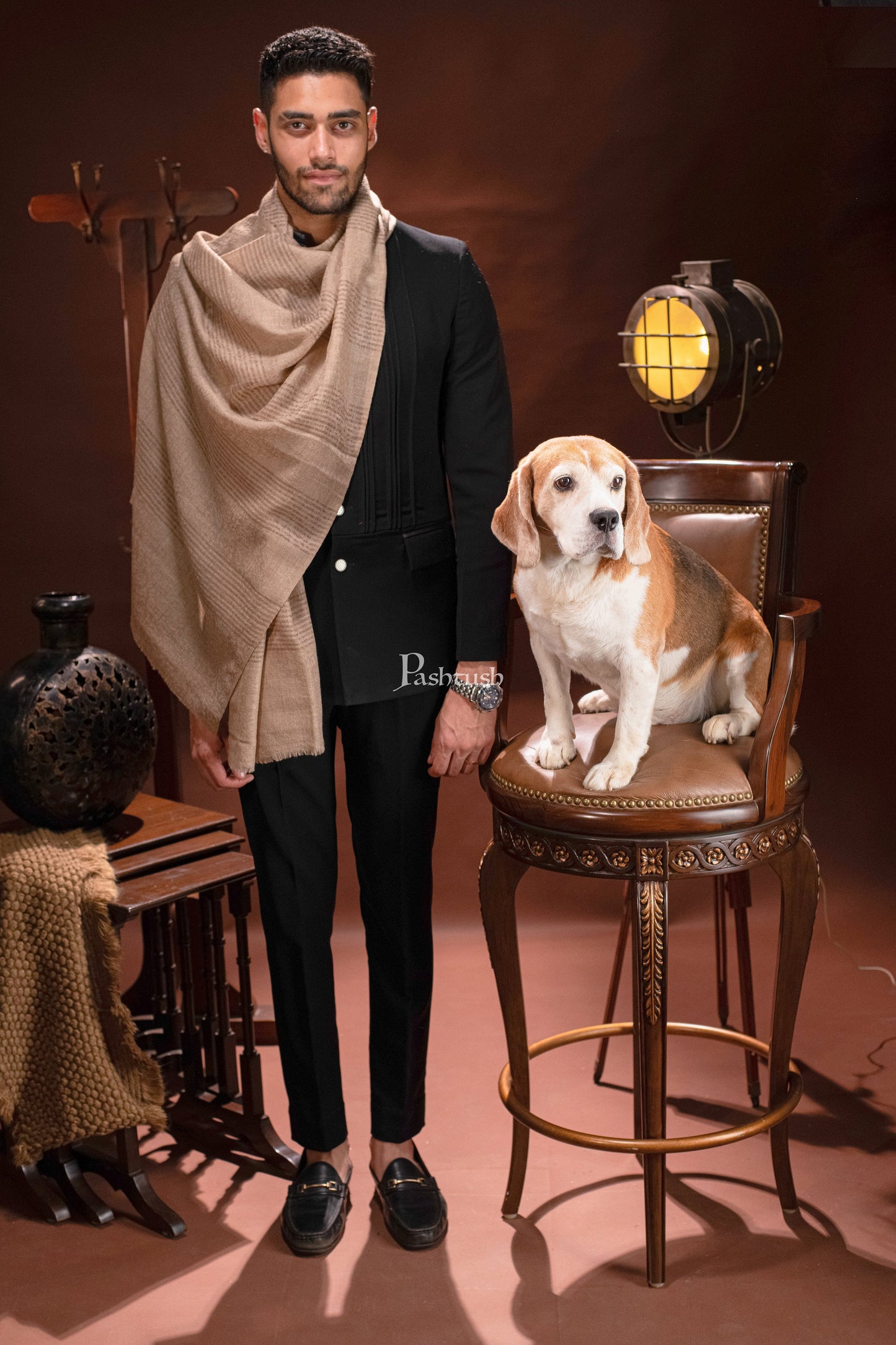 Pashtush India Mens Scarves Stoles and Mufflers Pashtush mens Extra Fine Wool stole, reversible stripe design, Beige