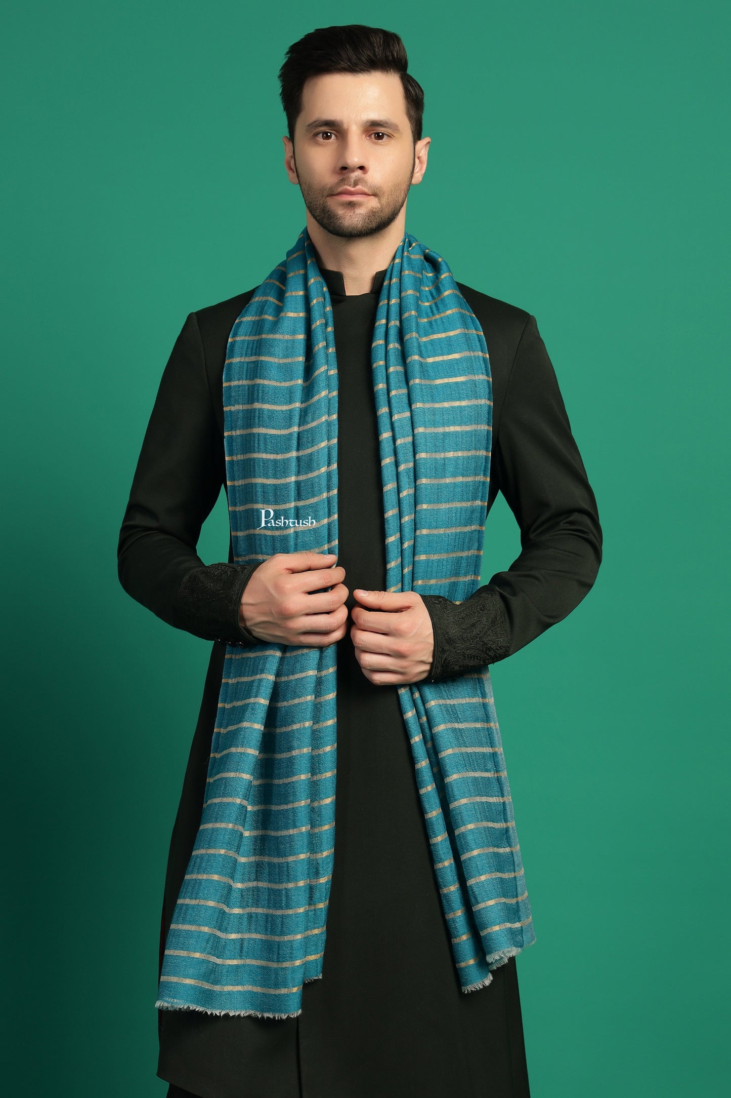 Pashtush India Mens Scarves Stoles and Mufflers Pashtush Mens Extra Fine Wool Stole, Stripe With Zari Design, Blue