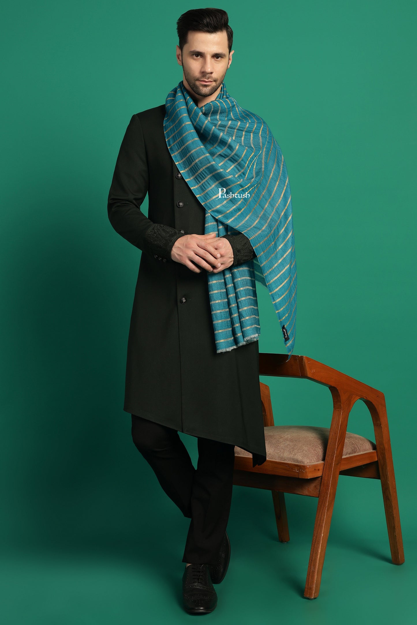 Pashtush India Mens Scarves Stoles and Mufflers Pashtush Mens Extra Fine Wool Stole, Stripe With Zari Design, Blue