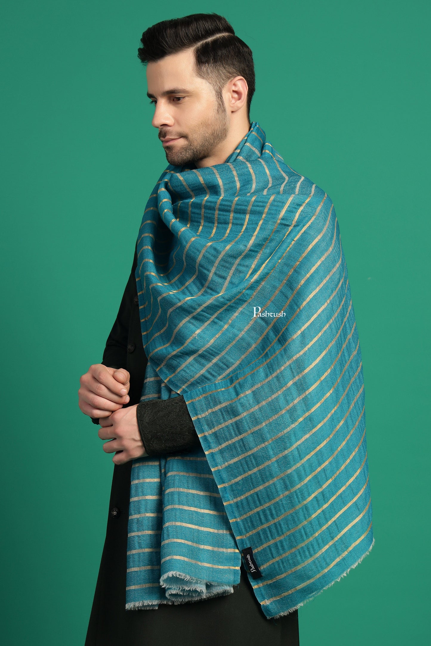 Pashtush India Mens Scarves Stoles and Mufflers Pashtush Mens Extra Fine Wool Stole, Stripe With Zari Design, Blue