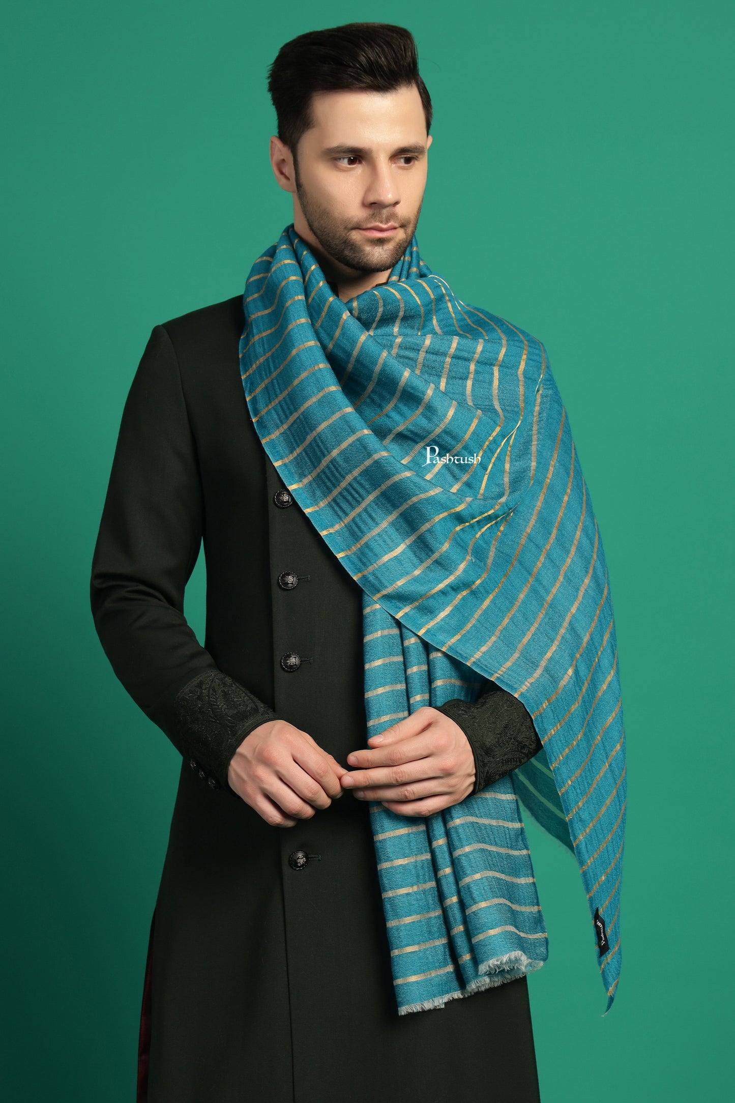 Pashtush India Mens Scarves Stoles and Mufflers Pashtush Mens Extra Fine Wool Stole, Stripe With Zari Design, Blue