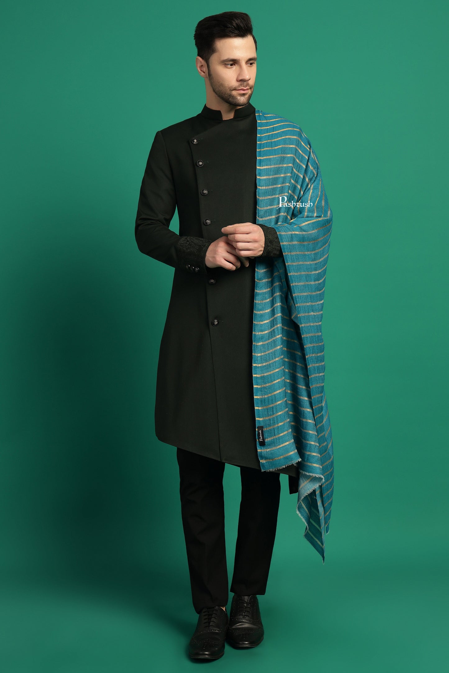 Pashtush India Mens Scarves Stoles and Mufflers Pashtush Mens Extra Fine Wool Stole, Stripe With Zari Design, Blue