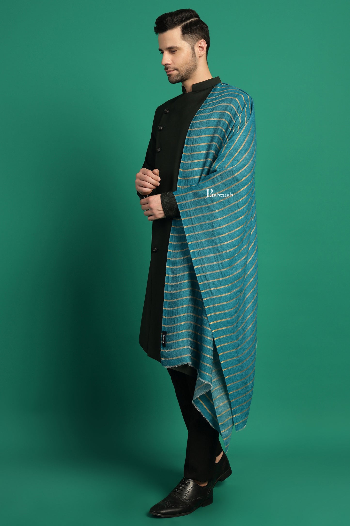 Pashtush India Mens Scarves Stoles and Mufflers Pashtush Mens Extra Fine Wool Stole, Stripe With Zari Design, Blue