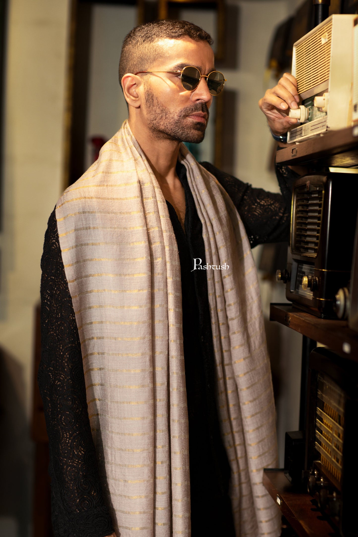 Pashtush India Mens Scarves Stoles and Mufflers Pashtush Mens Extra Fine Wool Stole, Stripe With Zari Design, Ivory