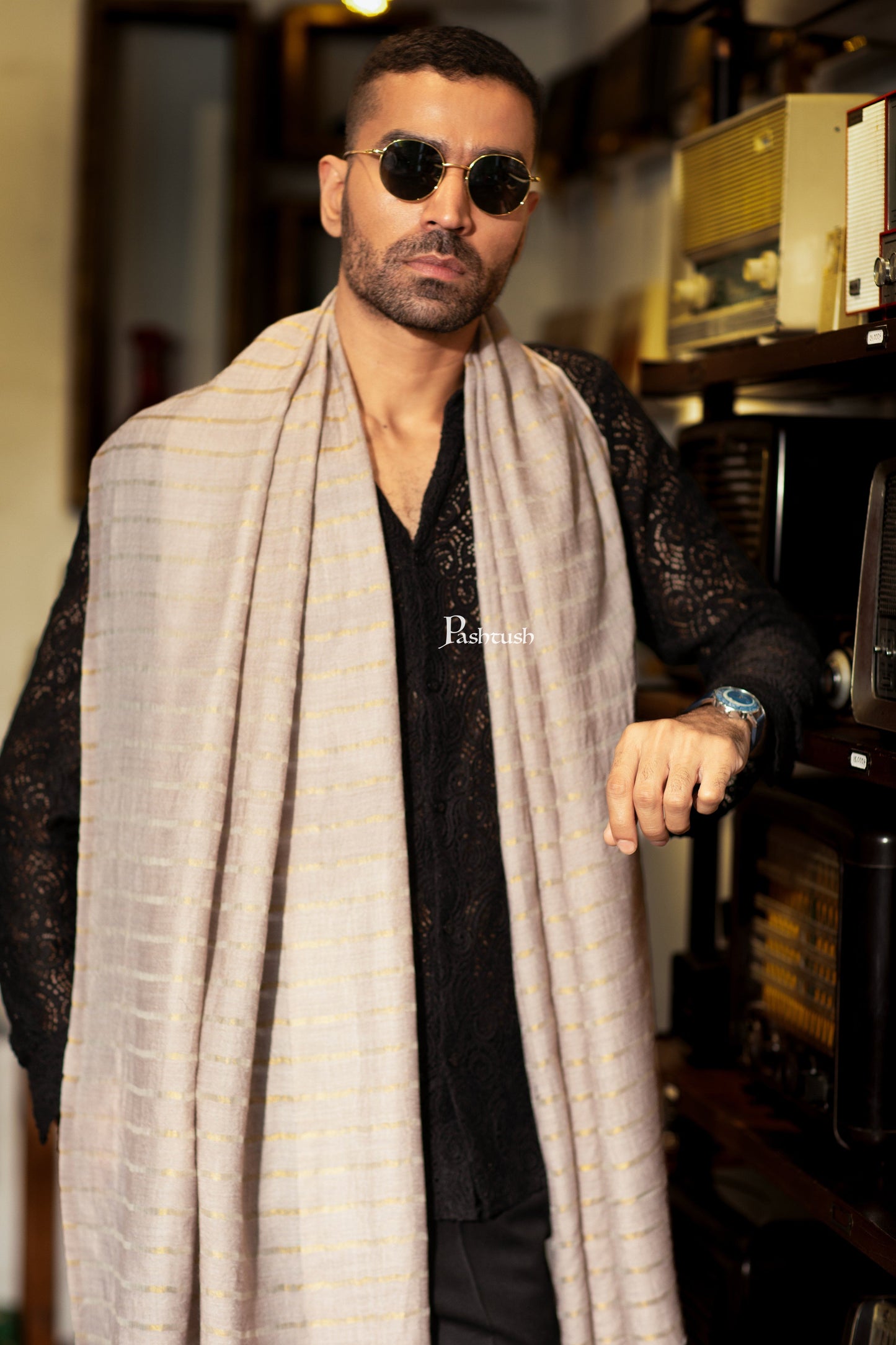 Pashtush India Mens Scarves Stoles and Mufflers Pashtush Mens Extra Fine Wool Stole, Stripe With Zari Design, Ivory