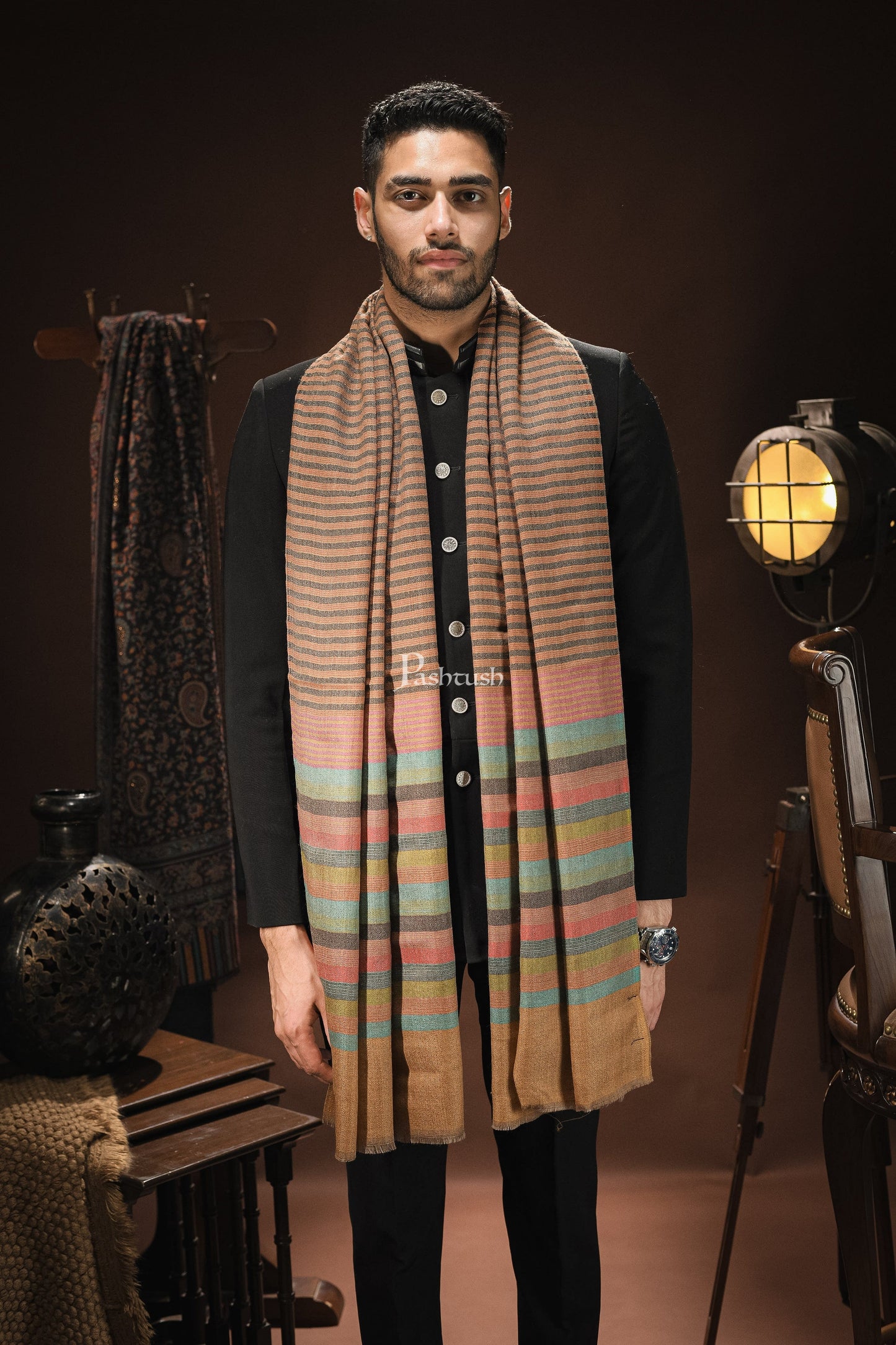 Pashtush India Mens Scarves Stoles and Mufflers Pashtush mens Extra Fine Wool stole, Striped woven design, Multicolour
