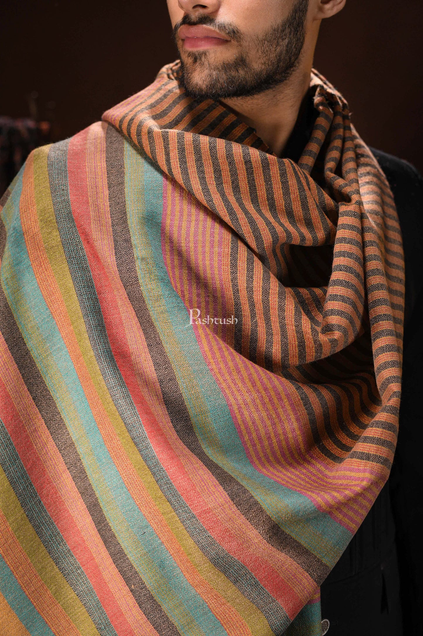 Pashtush India Mens Scarves Stoles and Mufflers Pashtush mens Extra Fine Wool stole, Striped woven design, Multicolour