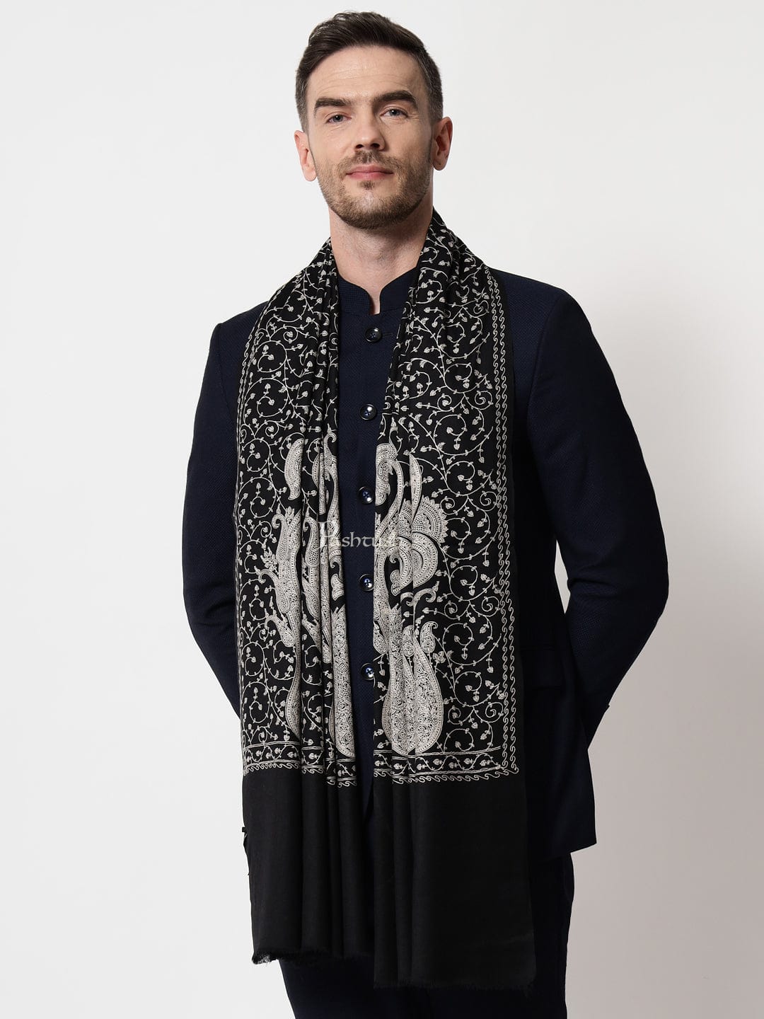 Pashtush India Mens Scarves Stoles and Mufflers Pashtush mens Extra Fine Wool stole, tone tone jaal embroidery design, Black