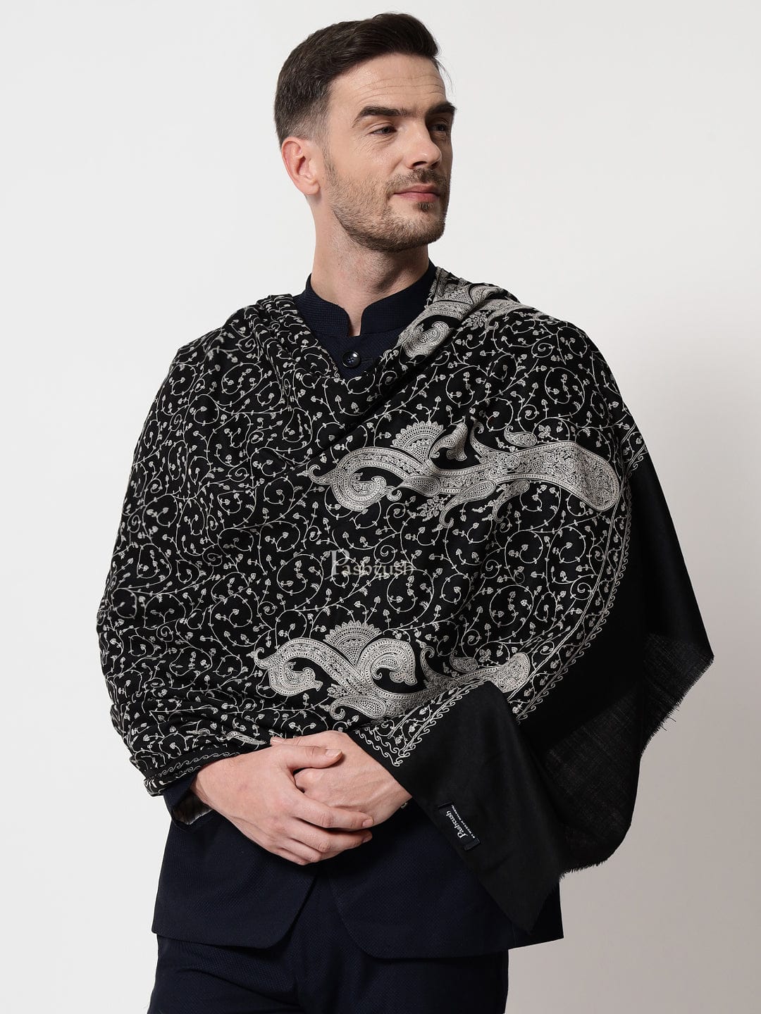 Pashtush India Mens Scarves Stoles and Mufflers Pashtush mens Extra Fine Wool stole, tone tone jaal embroidery design, Black