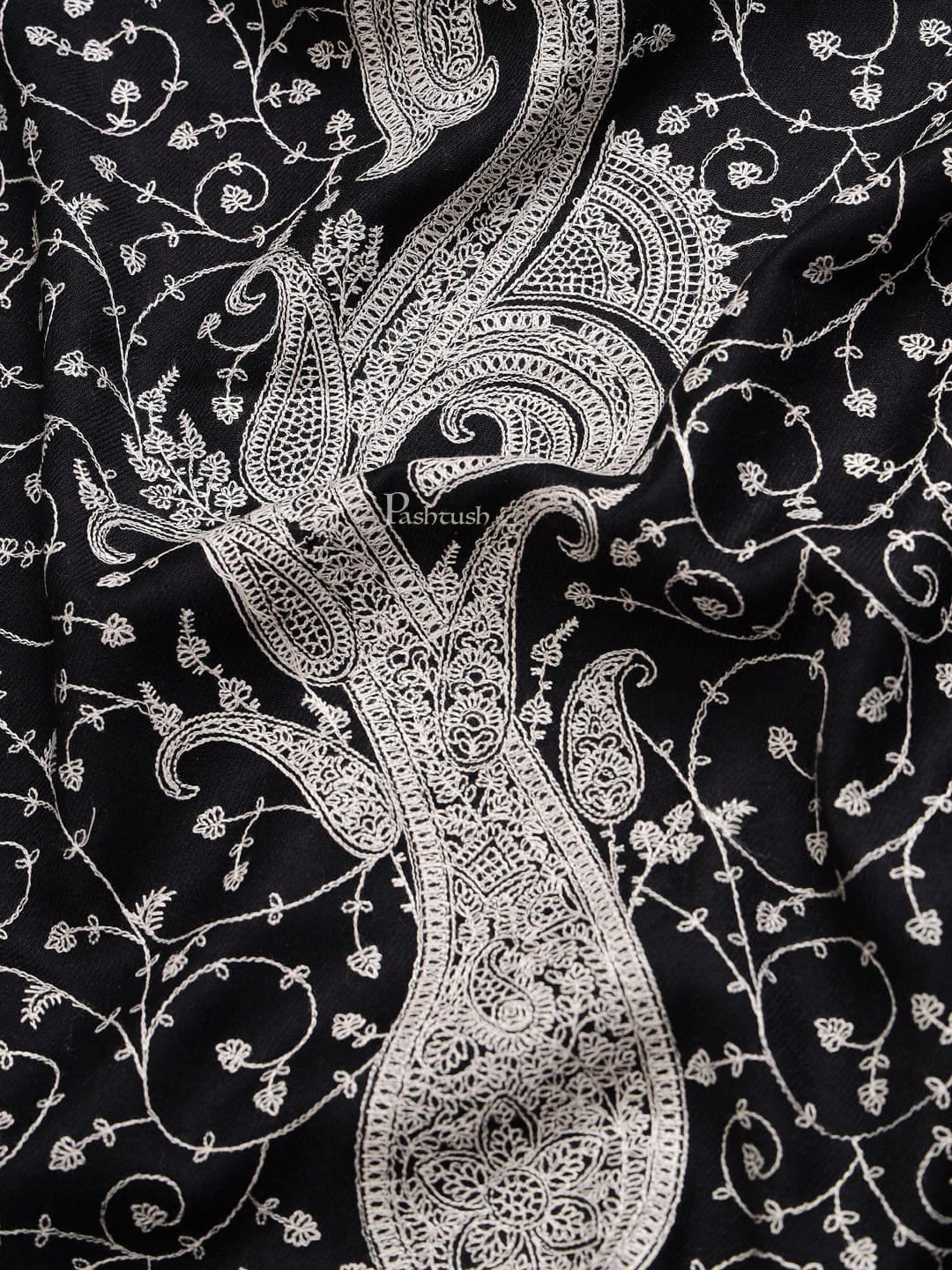 Pashtush India Mens Scarves Stoles and Mufflers Pashtush mens Extra Fine Wool stole, tone tone jaal embroidery design, Black