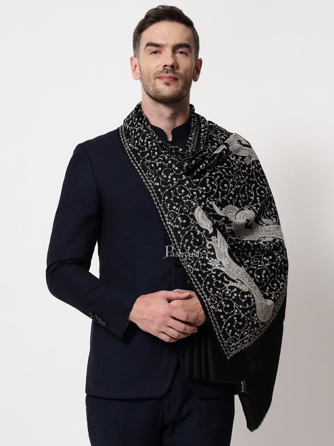 Pashtush India Mens Scarves Stoles and Mufflers Pashtush mens Extra Fine Wool stole, tone tone jaal embroidery design, Black