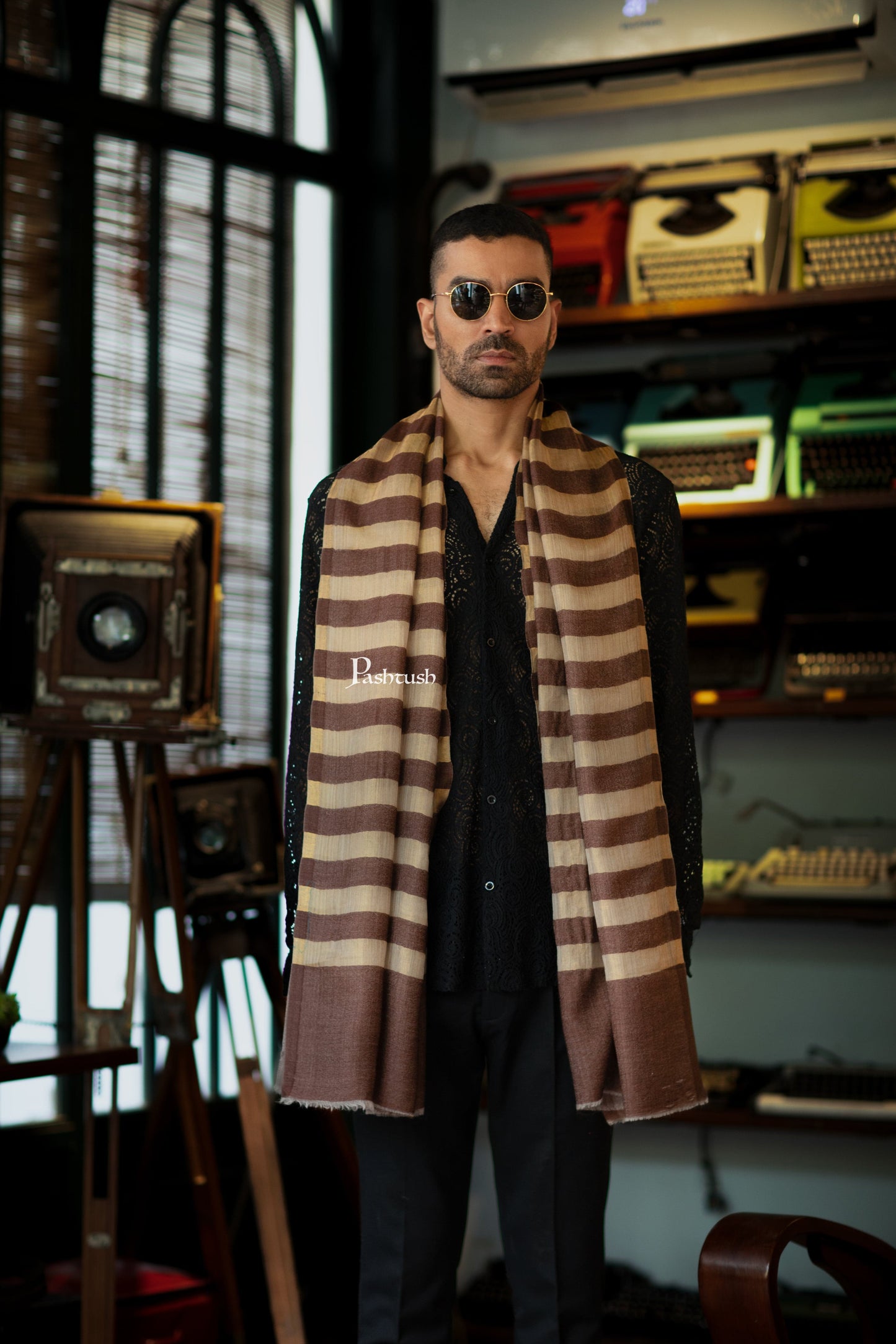 Pashtush India Mens Scarves Stoles and Mufflers Pashtush Mens Extra Fine Wool Stole, Twilght Collection Stripe Design, Dark Brown