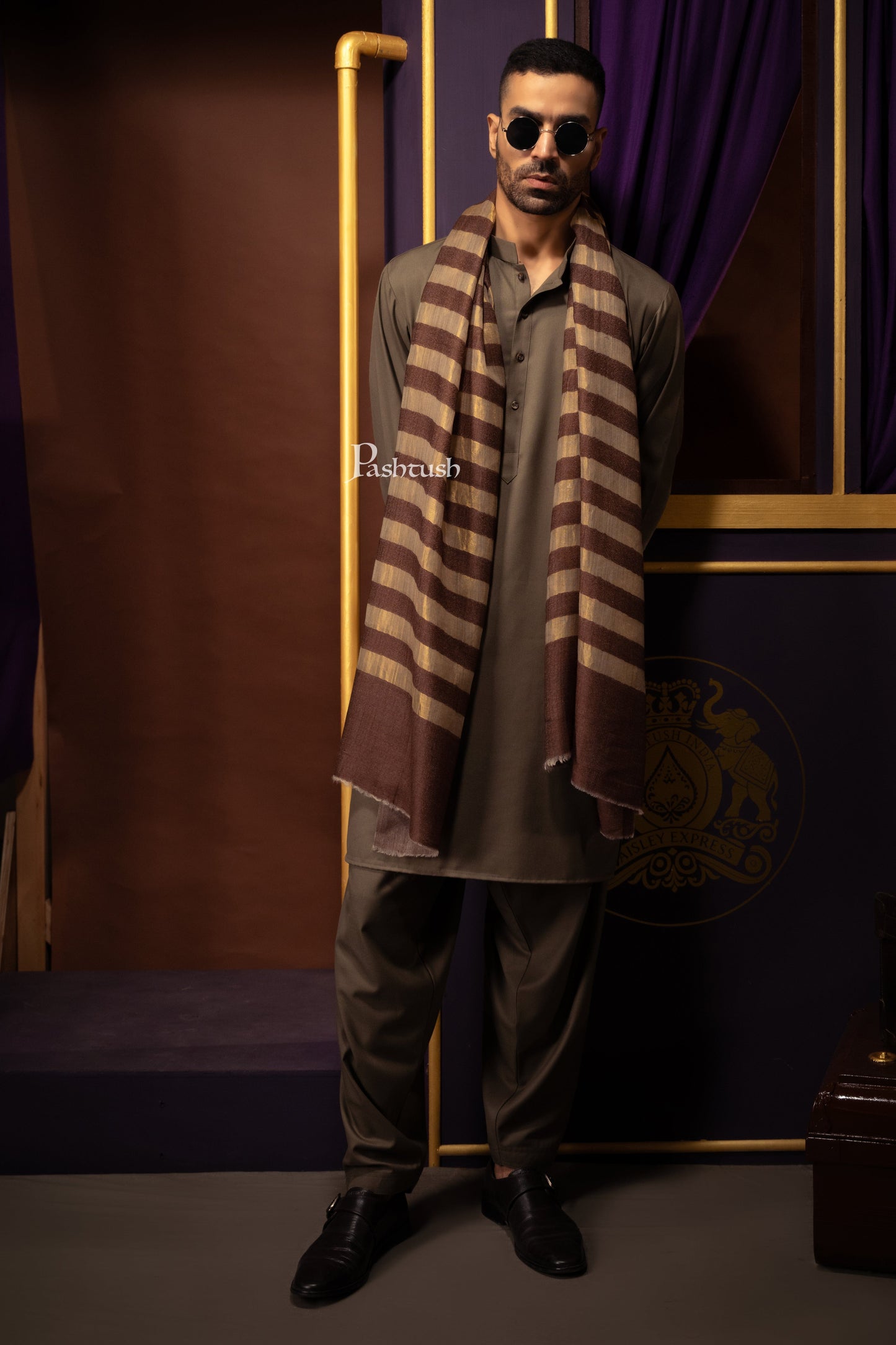 Pashtush India Mens Scarves Stoles and Mufflers Pashtush Mens Extra Fine Wool Stole, Twilght Collection Stripe Design, Dark Brown