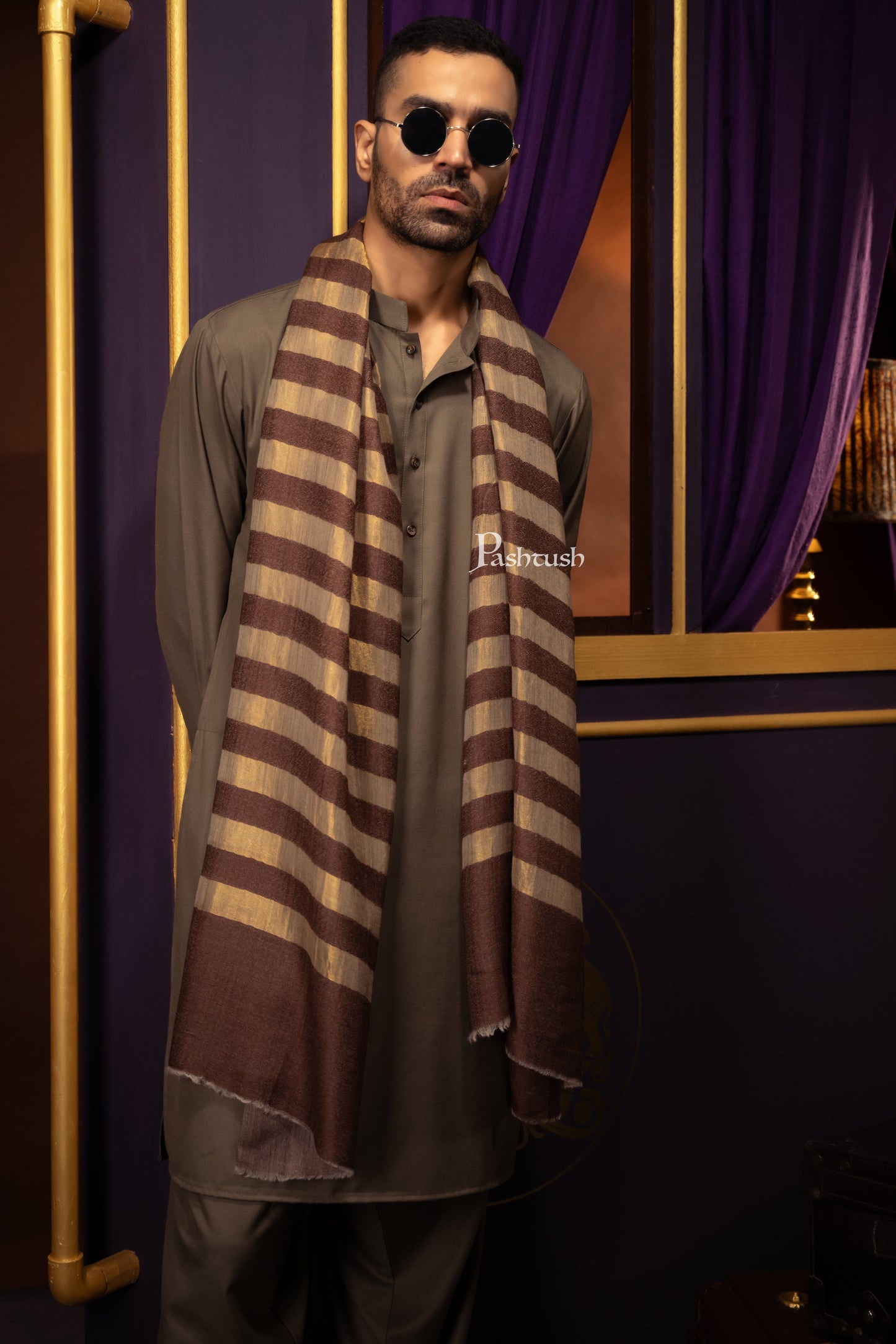 Pashtush India Mens Scarves Stoles and Mufflers Pashtush Mens Extra Fine Wool Stole, Twilght Collection Stripe Design, Dark Brown
