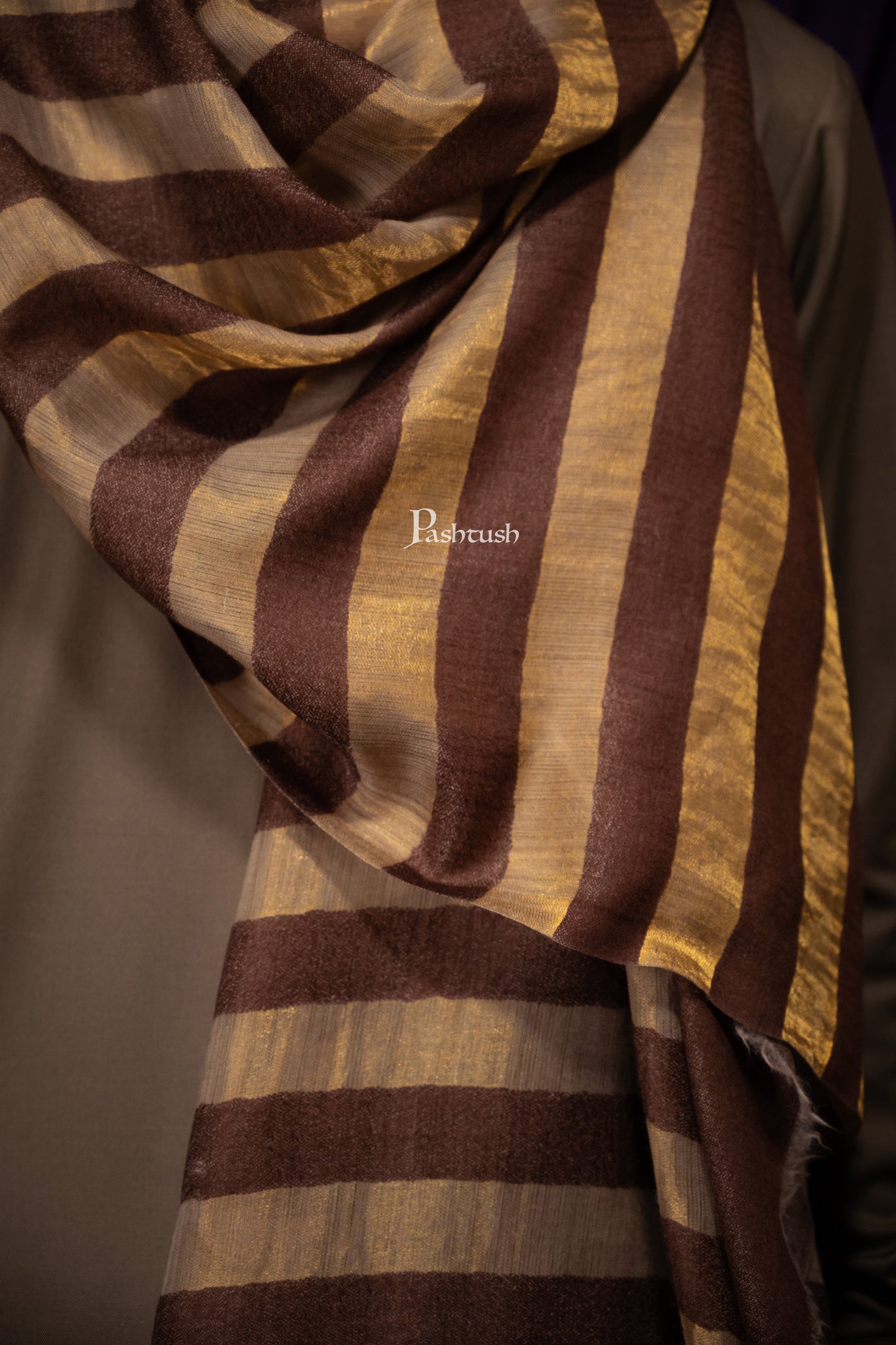 Pashtush India Mens Scarves Stoles and Mufflers Pashtush Mens Extra Fine Wool Stole, Twilght Collection Stripe Design, Dark Brown